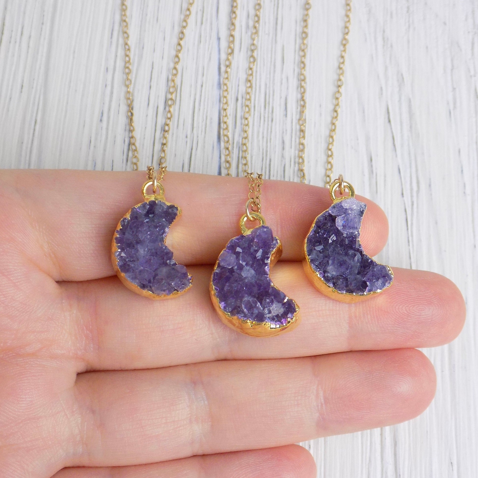 Amethyst Moon Necklace Gold, Crescent Moon, Purple Druzy Pendant Small, Christmas Gifts For Her, R14-02
