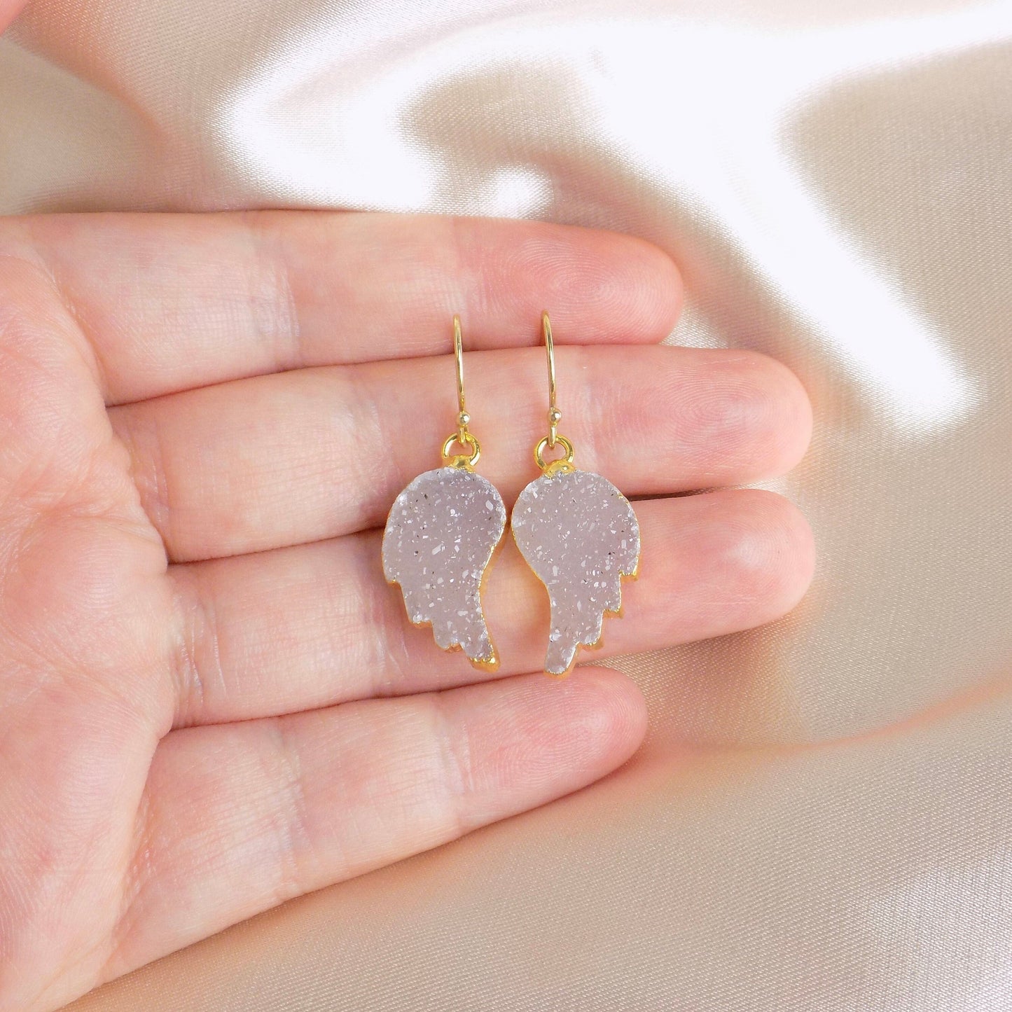 Valentines Day Gift, Angel Wing Earrings Gold, Natural Druzy Drop Earring, R14-04