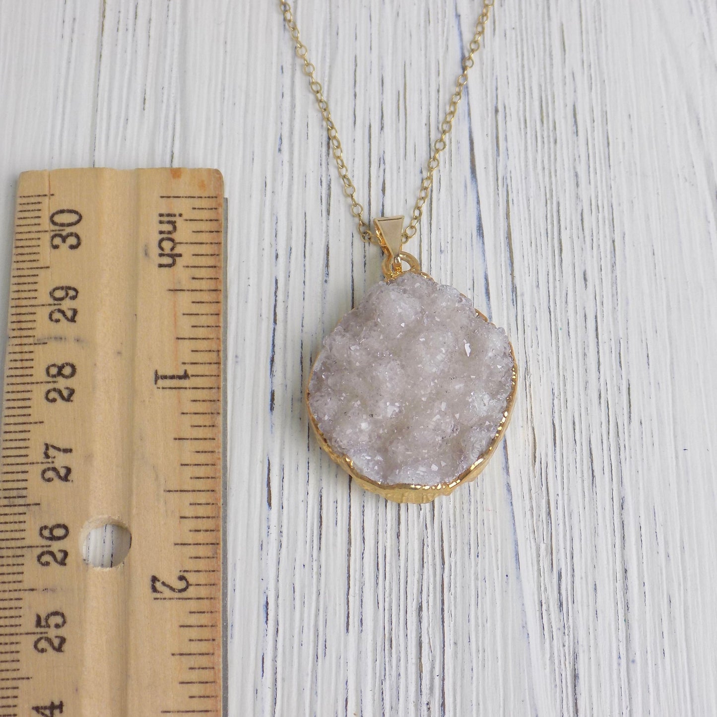 Valentines Day Gift, Light Gray Druzy Natural Gemstone Necklace on 14K Gold Filled Chain, G14-198