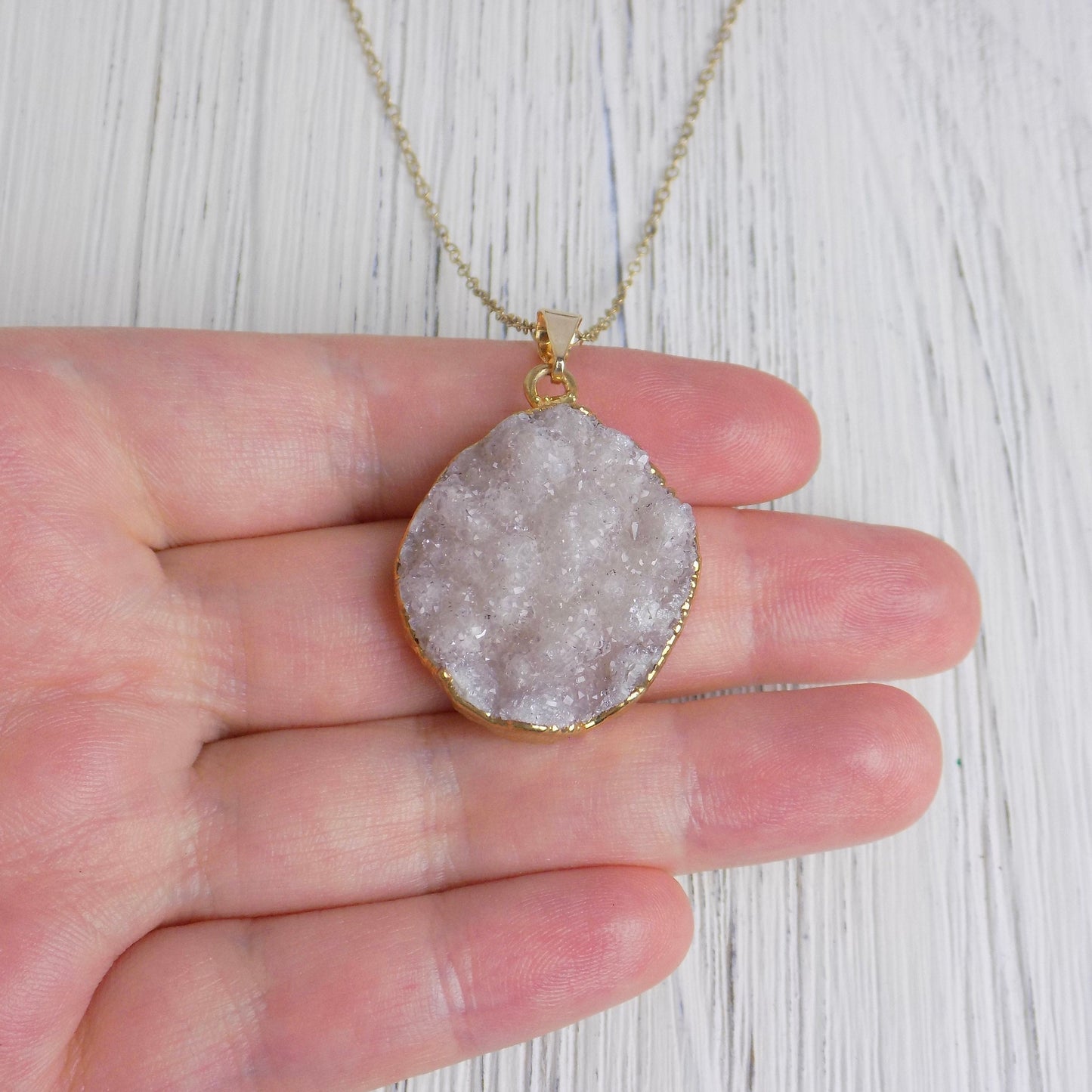 Valentines Day Gift, Light Gray Druzy Natural Gemstone Necklace on 14K Gold Filled Chain, G14-198