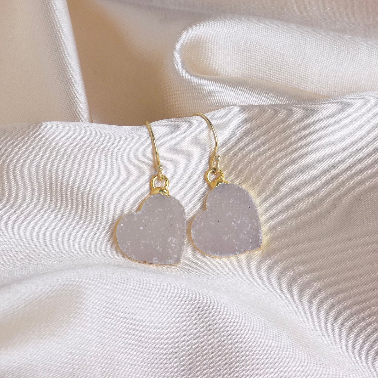 Small Heart Druzy Natural Gemstone Drop Earrings Gold, Sparkly Crystal, Gift For Women, M6-619