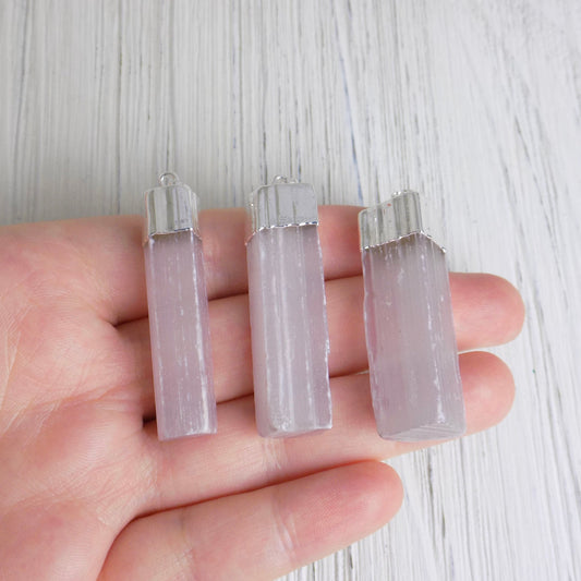Pink Selenite Necklace Silver, Raw Selenite Pendant, Boho Healing Crystal, Cleansing Calming Stone, Christmas Gift Women, G13-91