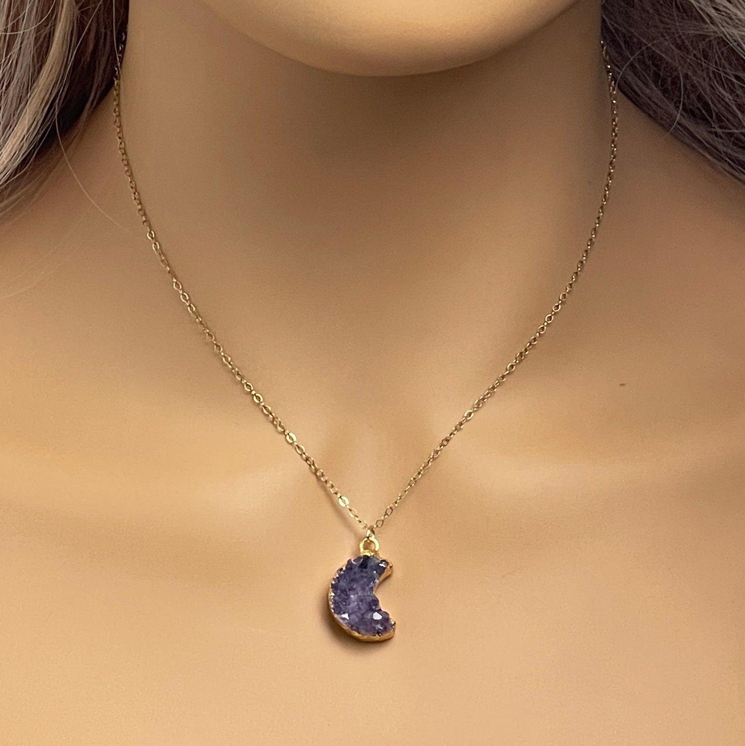 Amethyst Moon Necklace Gold, Crescent Moon, Purple Druzy Pendant Small, Christmas Gifts For Her, R14-02