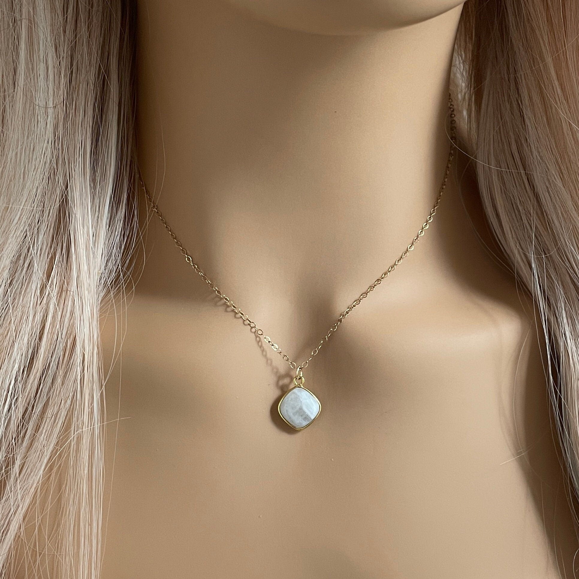 Valentines Day Gift, White Moonstone Necklace with Personalized Initial Charm on 14K Gold Filled Chain, M3-06