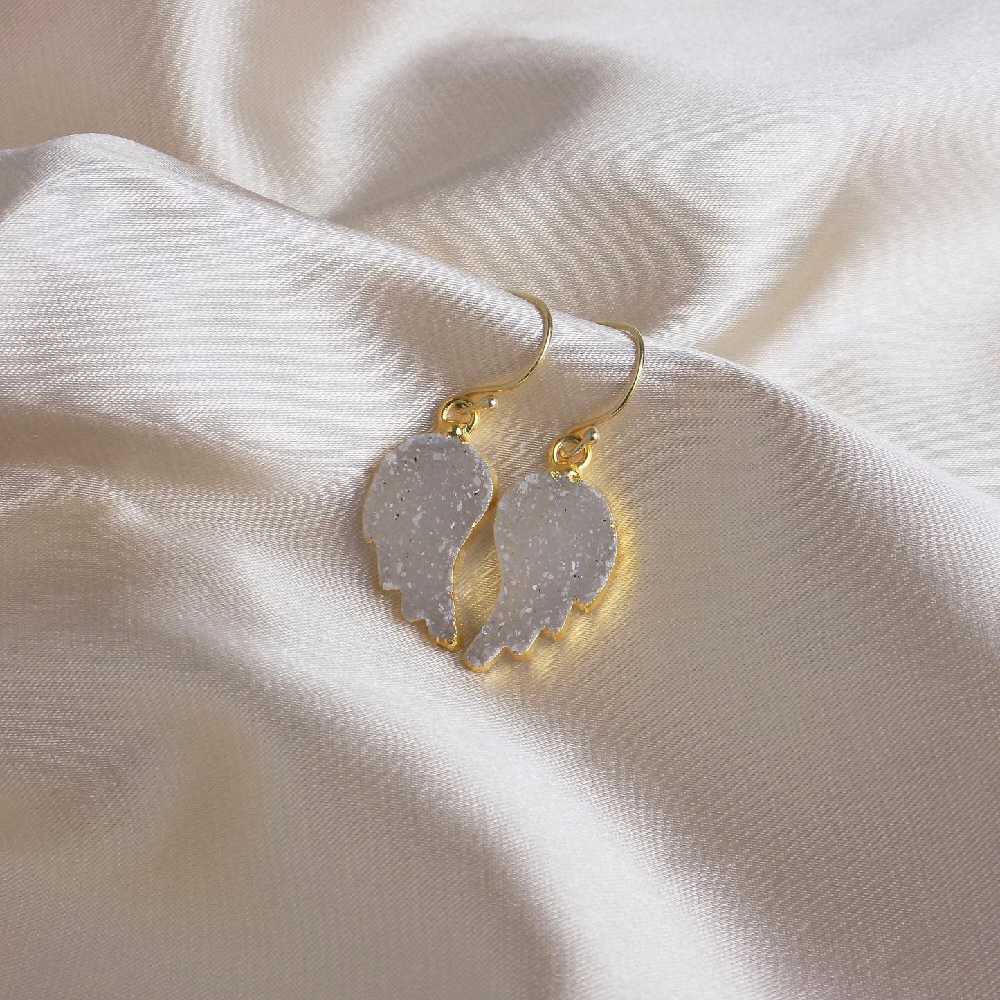 Valentines Day Gift, Angel Wing Earrings Gold, Natural Druzy Drop Earring, R14-04