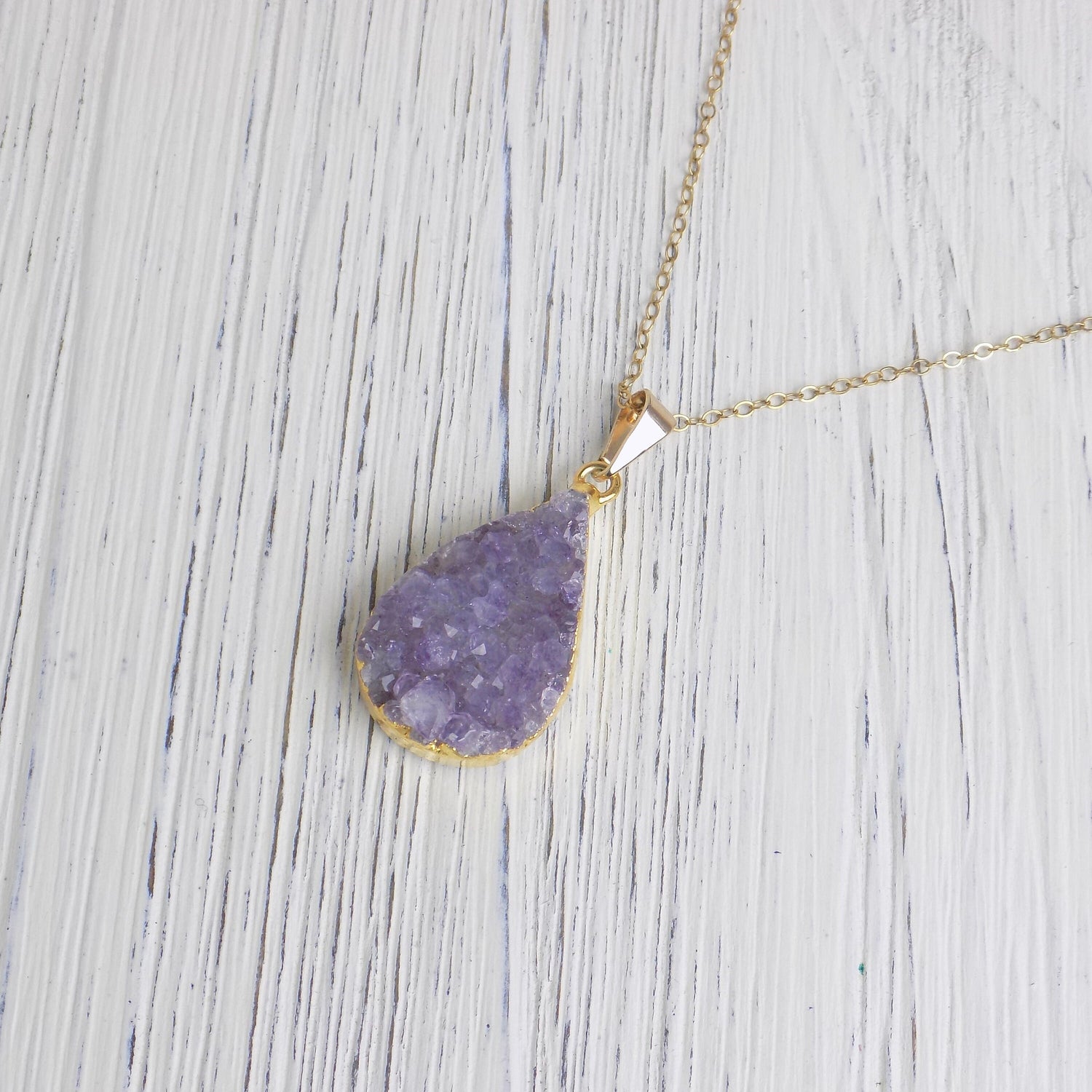 Raw Amethyst Necklace, Teardrop Druzy Pendant, 14K Gold Filled Chain, Custom Christmas Gift Women, R14-13