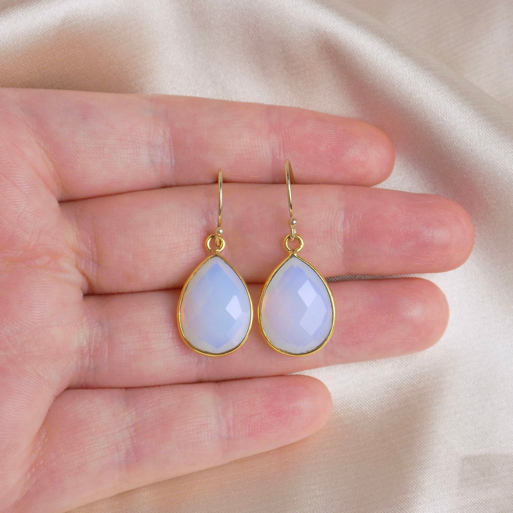 Large Opalite Earrings Gold, Opal Dangle Earring Gemstone, Light Blue Crystal, October Birthstone Gift For Her, M6-614