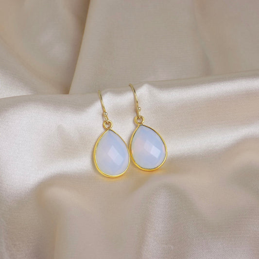 Large Opalite Earrings Gold, Opal Dangle Earring Gemstone, Light Blue Crystal, October Birthstone Gift For Her, M6-614