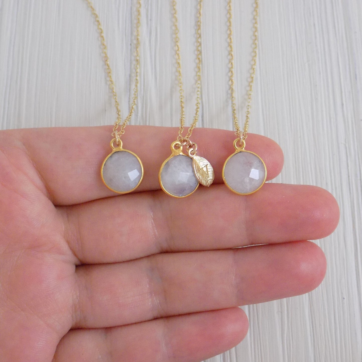 Round Moonstone Gemstone Necklace with Personalized Initial Gold, White Crystal, M3-12