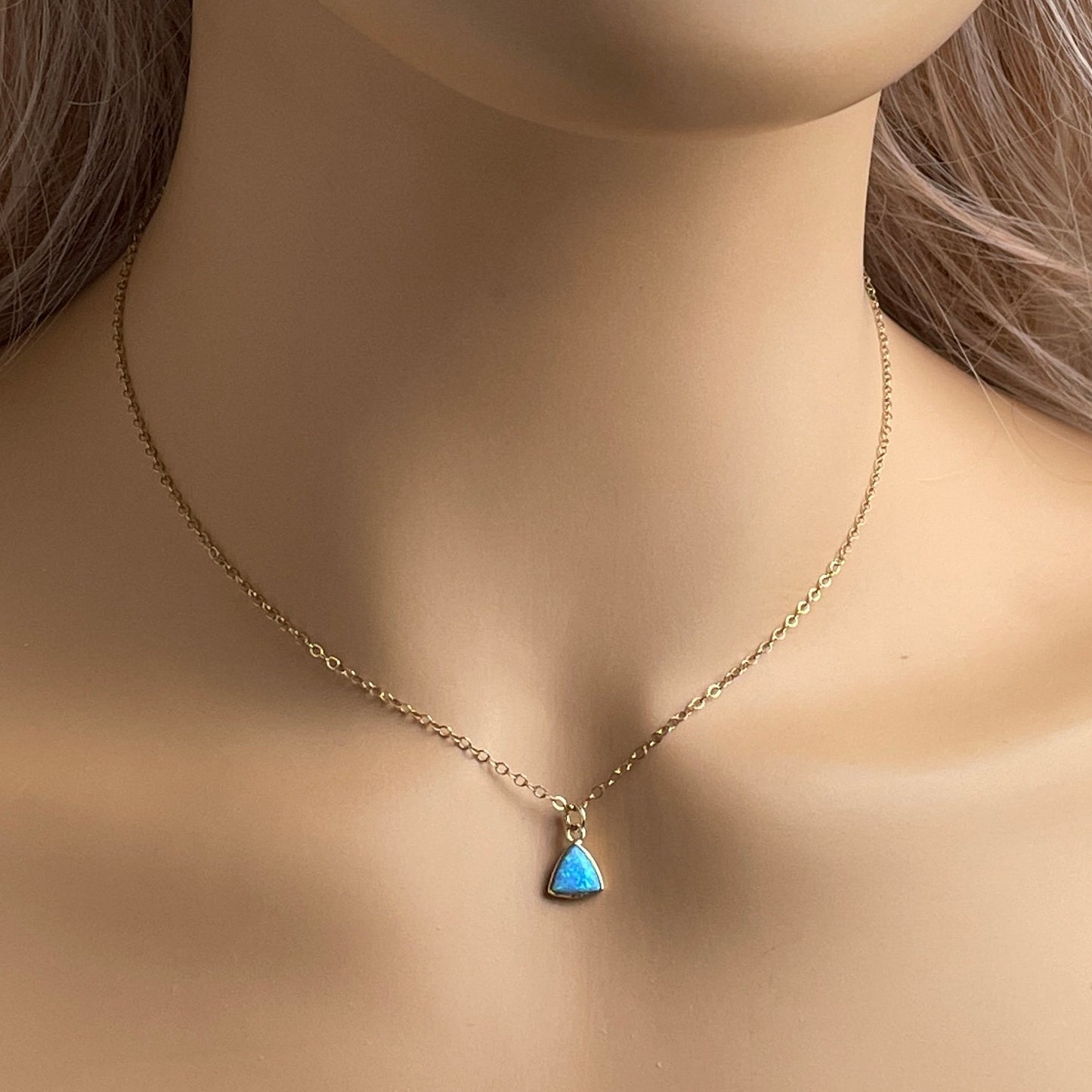 Tiny Opal Necklace Gold, Triangle Opal Necklace, Blue Opal Charm For Layering, 14K Gold Fill Chain, October Birthday Gift, M6-616