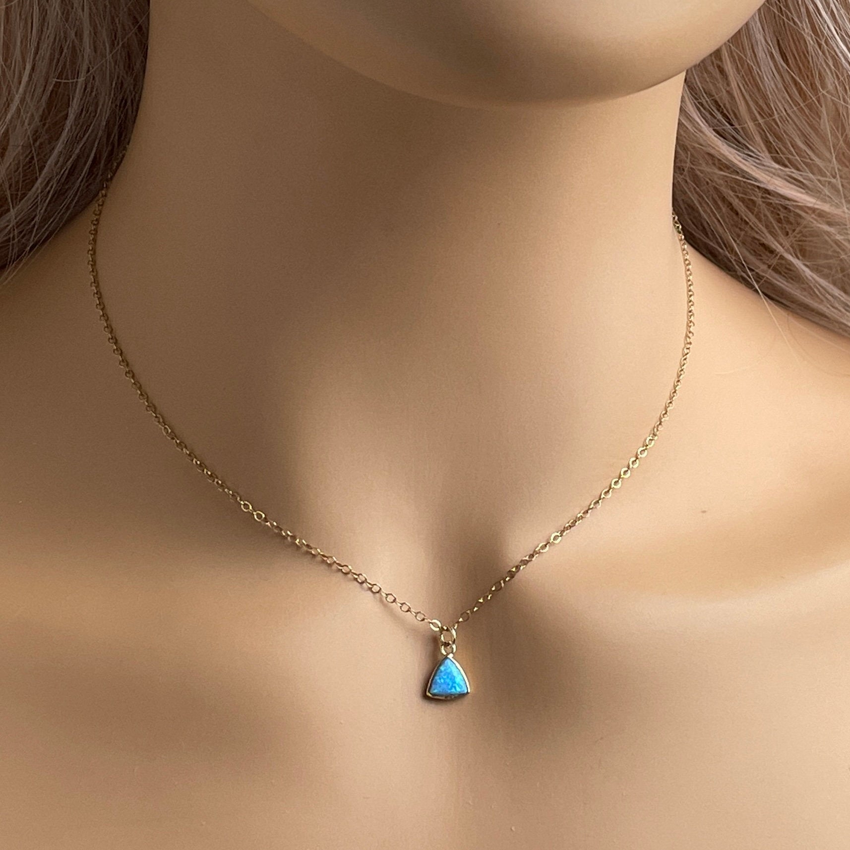Tiny Opal Necklace Gold, Triangle Opal Necklace, Blue Opal Charm For Layering, 14K Gold Fill Chain, October Birthday Gift, M6-616
