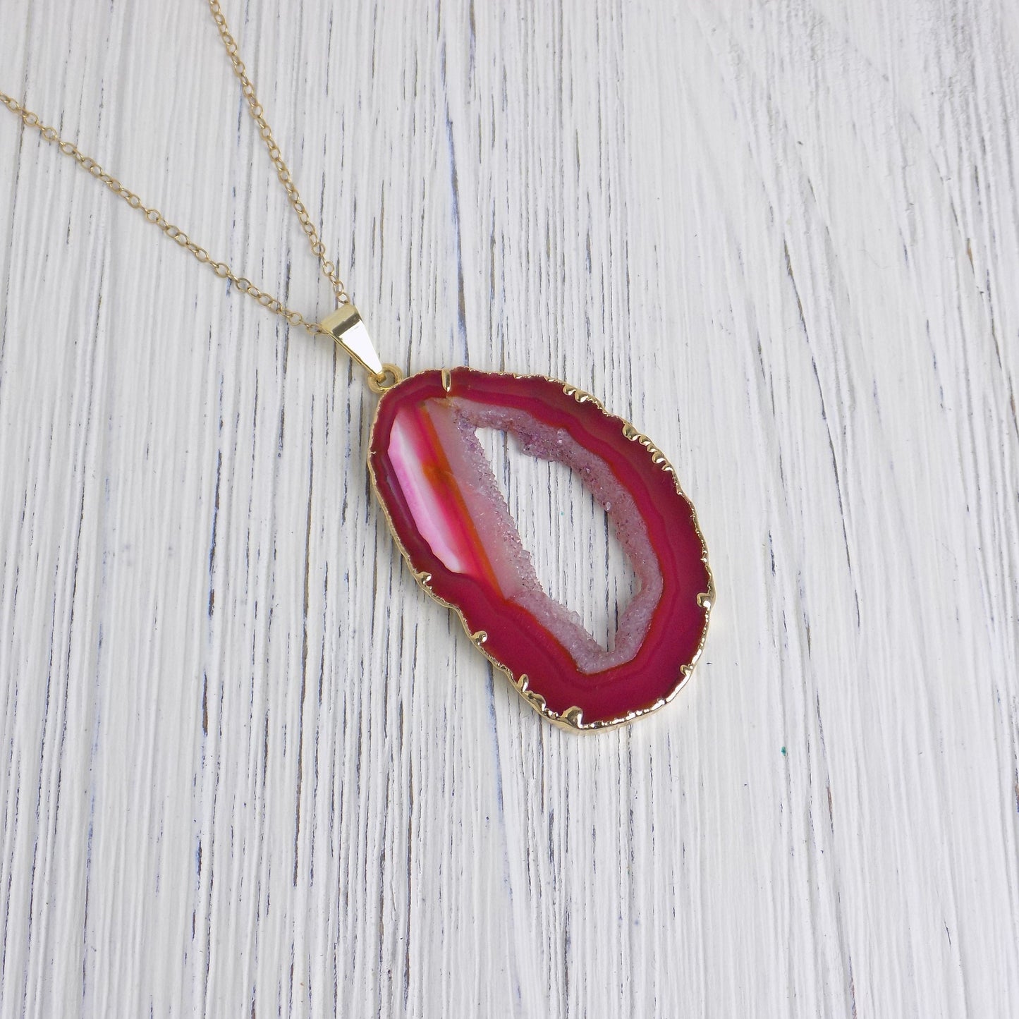 Dark Pink Geode Necklace, Unique Gemstone Pendant, Boho Raw Crystal Layer Gold, Mothers Gift For Christmas, G14-242
