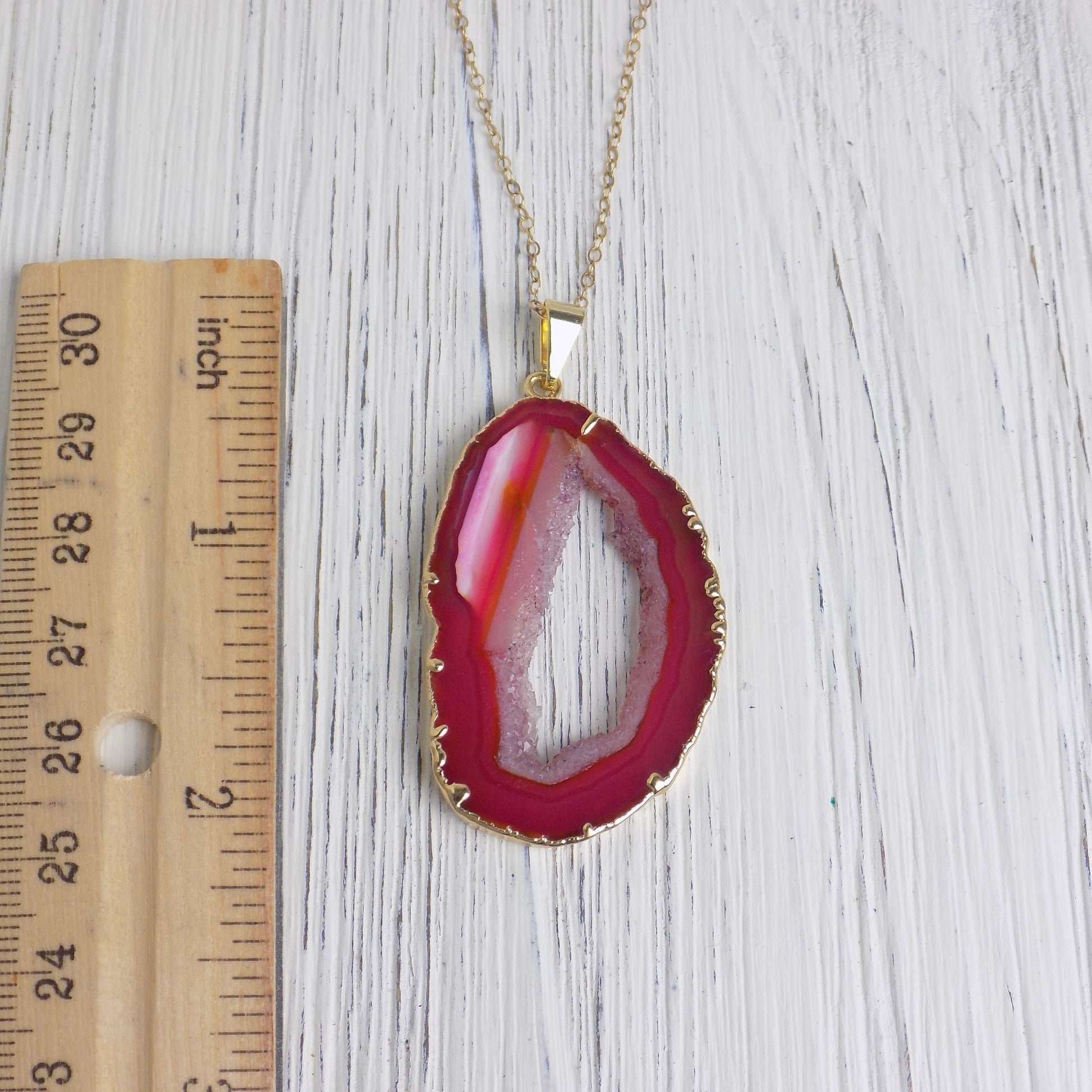 Dark Pink Geode Necklace, Unique Gemstone Pendant, Boho Raw Crystal Layer Gold, Mothers Gift For Christmas, G14-242