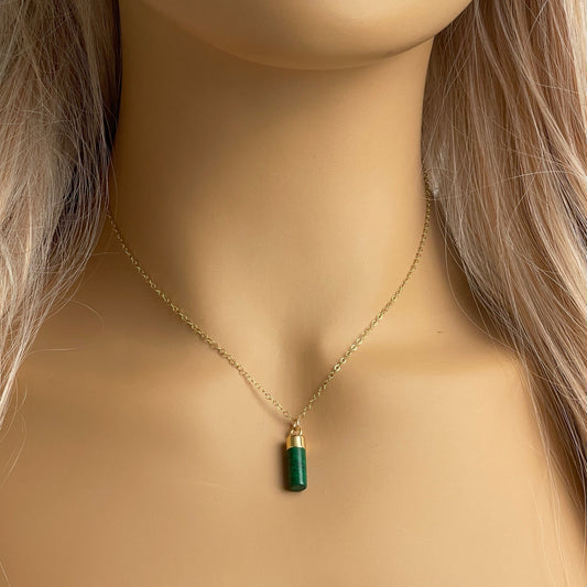 Tiny Malachite Necklace Gold, Green Gemstone Necklace Minimalist, Cylinder Crystal Pendant, Best Friend Christmas Gift, M5-337