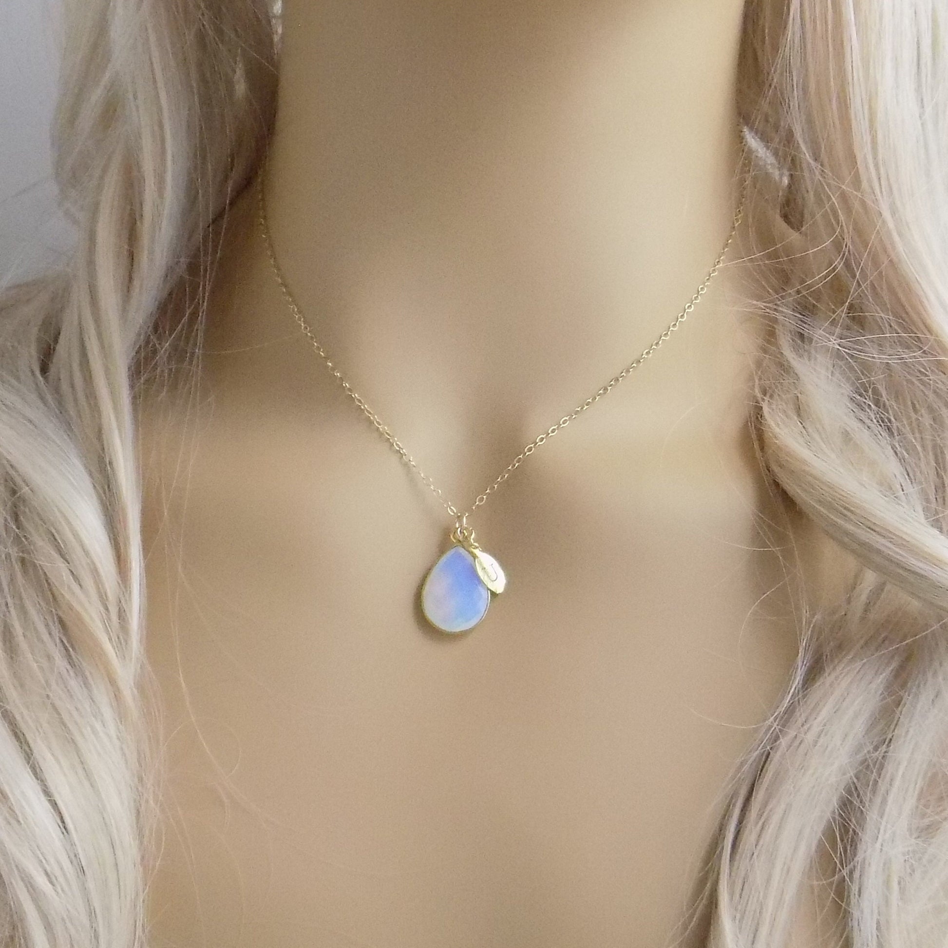 October Birthstone, Opalite Necklace Gold, Personalized Opal With Initial Charm, Teardrop Stone Faceted, Birthday Gift Women, M3-68
