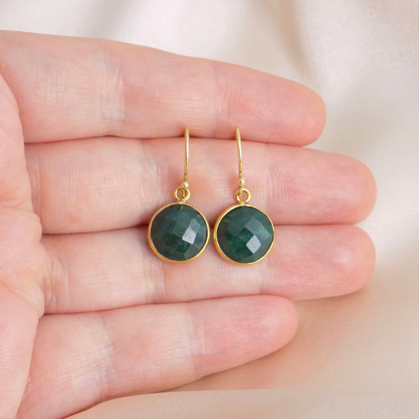 Emerald Earrings Gold, May Birthstone Earrings, Green Stone Earrings Round, Teacher Gift Women, M6-151