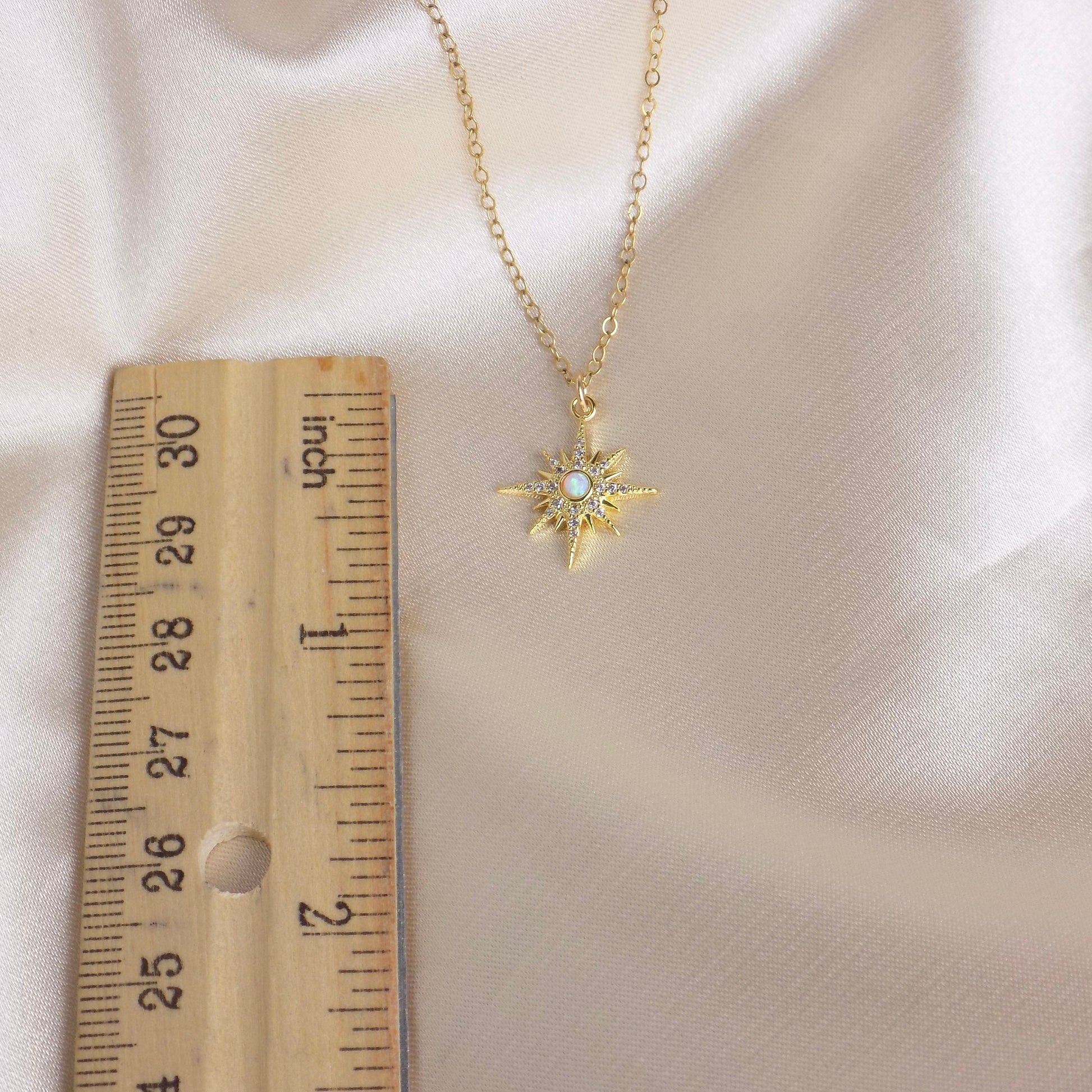 Opal North Star Necklace Gold, Star Burst Charm with Cubic Zirconia, Minimalist Layering For Women, M6-620