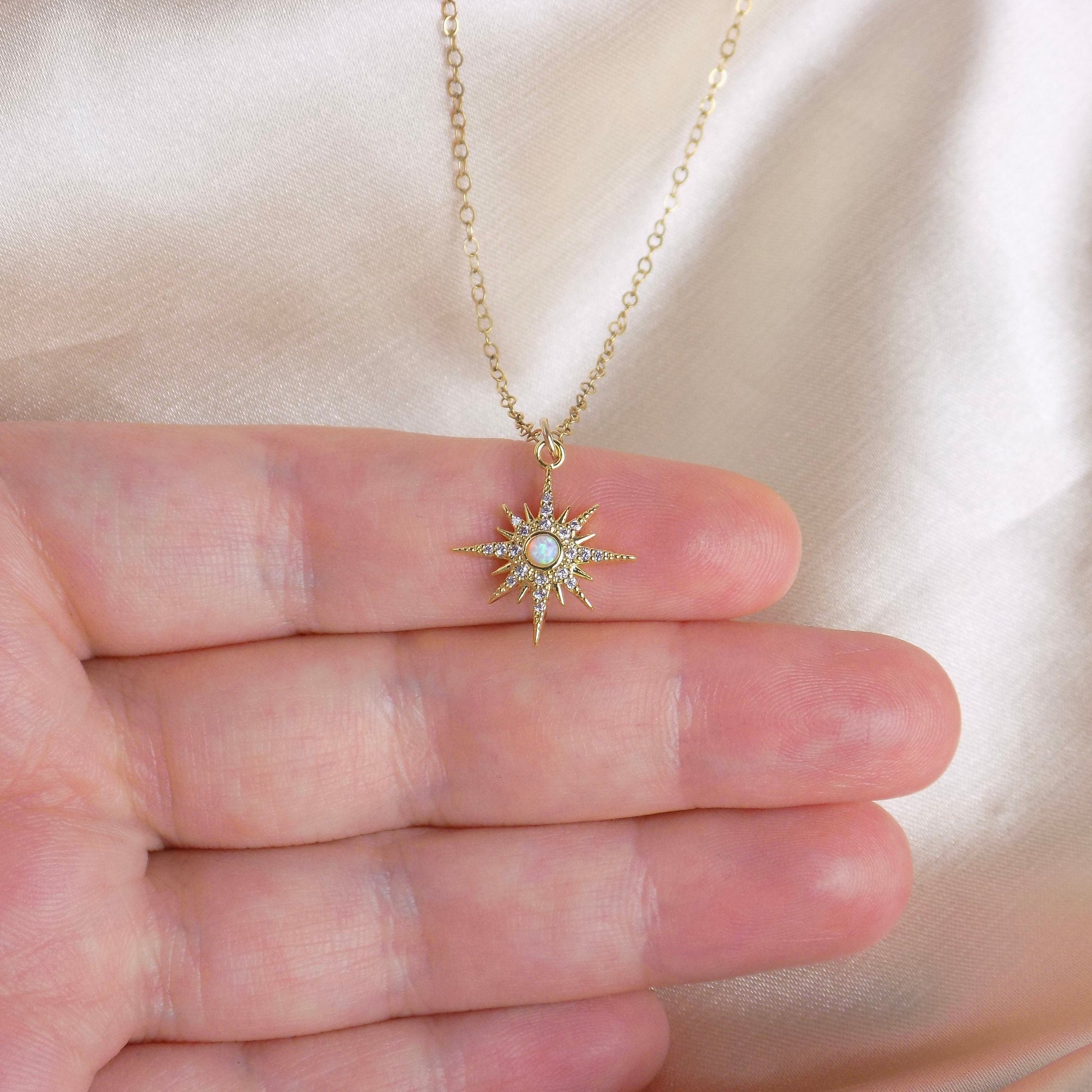 Opal North Star Necklace Gold, Star Burst Charm with Cubic Zirconia, Minimalist Layering For Women, M6-620