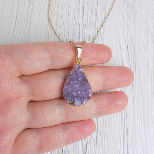 Raw Amethyst Necklace, Teardrop Druzy Pendant, 14K Gold Filled Chain, Custom Christmas Gift Women, R14-13