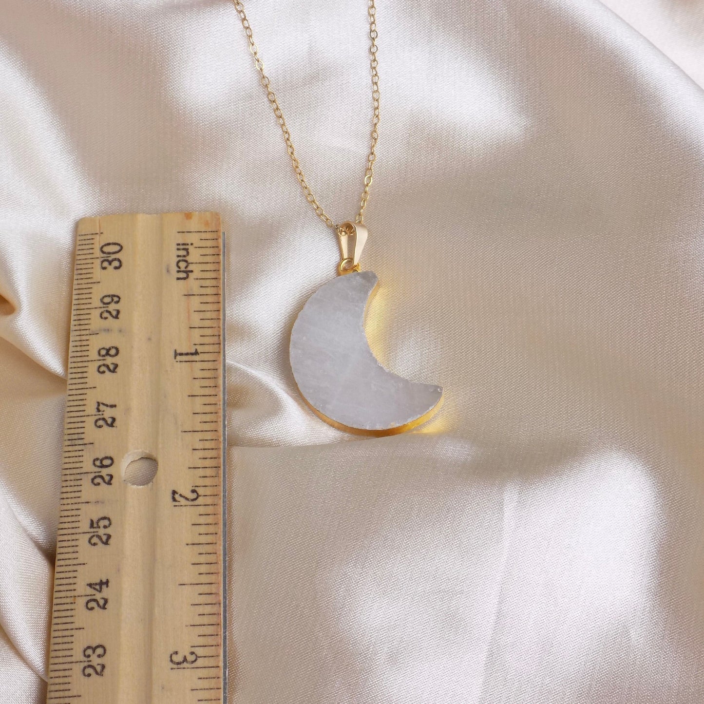 Crescent Moon Crystal Necklace Gold, White Quartz Pendant, Large Moon Charm, Boho Christmas Gifts For Her, R14-14