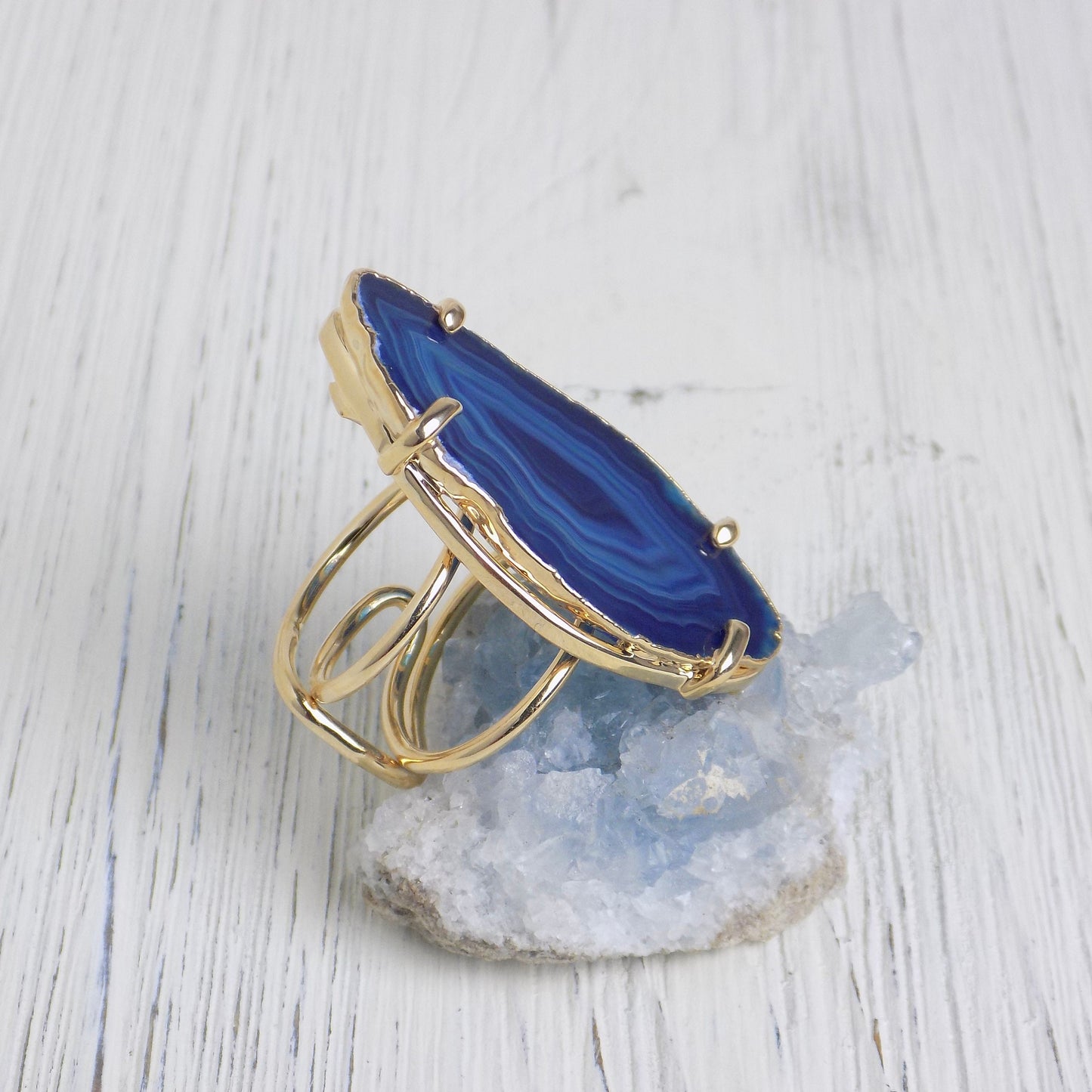 Boho Sliced Agate Ring Gold Adjustable, Blue Agate Statement Ring Geode, Large Gemstone Calming Crystal, G14-234
