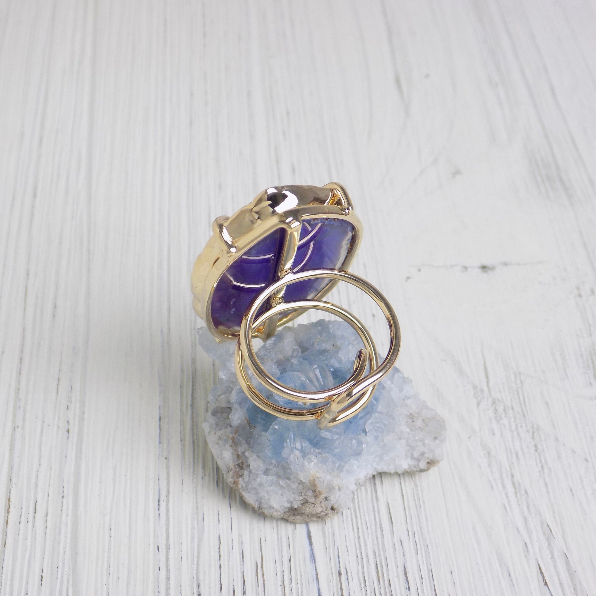 Boho Purple Agate Ring, Geode Ring, Statement Ring, Statement Jewelry Slice Agate Ring Large Stone Ring Crystal Ring Gold Adjustable G14-197