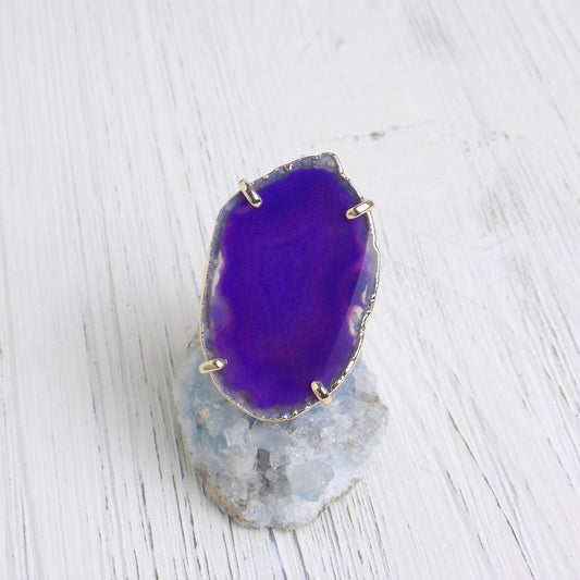 Boho Purple Agate Ring, Geode Ring, Statement Ring, Statement Jewelry Slice Agate Ring Large Stone Ring Crystal Ring Gold Adjustable G14-197