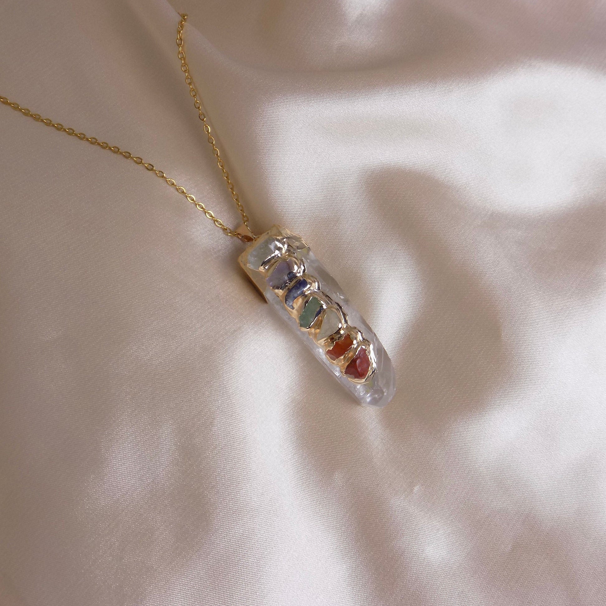 Large Chakra Necklace Gold, 7 Chakra Clear Crystal Pendant, Yoga Reiki Jewelry, Boho Necklaces For Women, Christmas Gift, G14-269