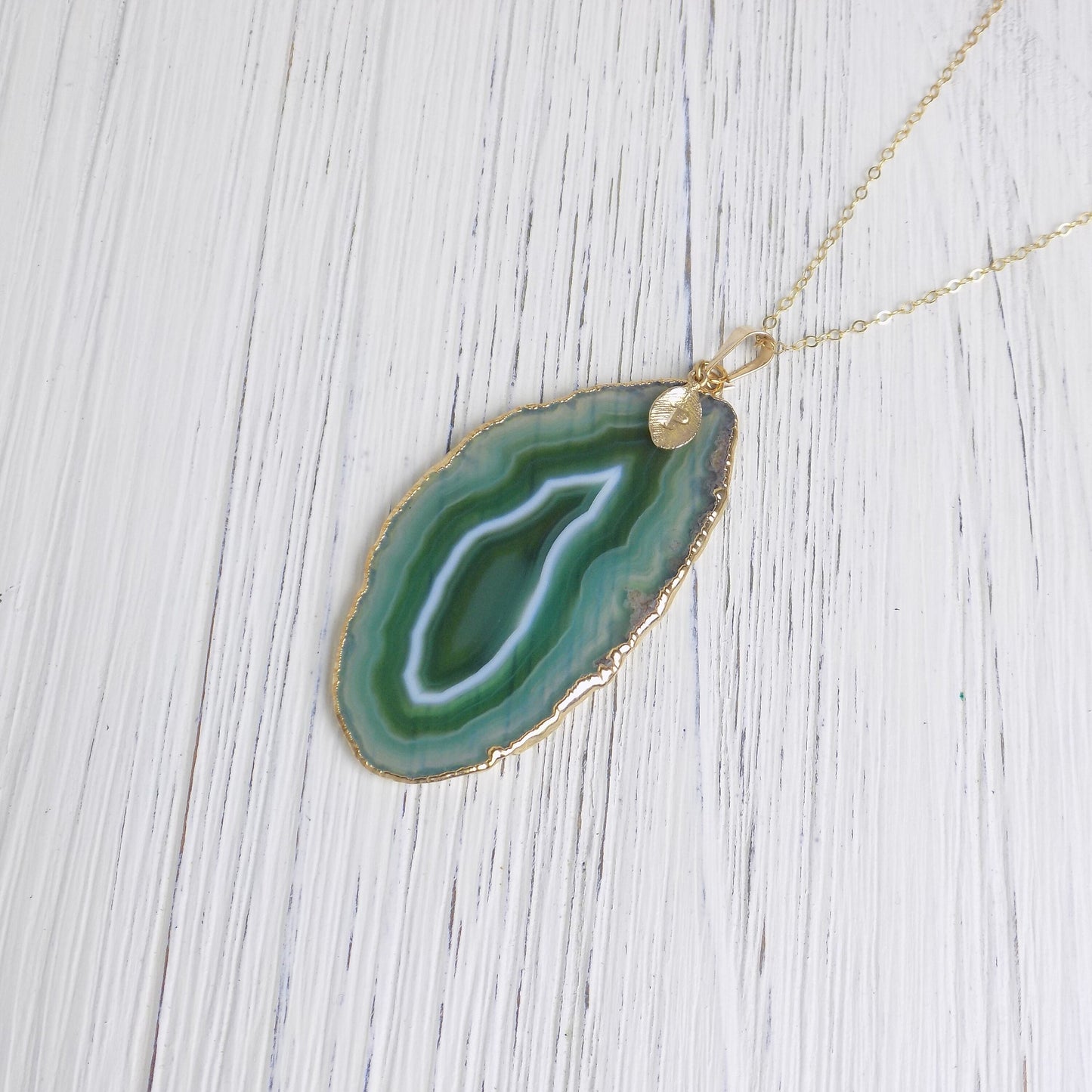 Boho Green Agate Slice Necklace, Gold Layer Statement Jewelry, Custom Initial, Mothers Day Gift, G14-274