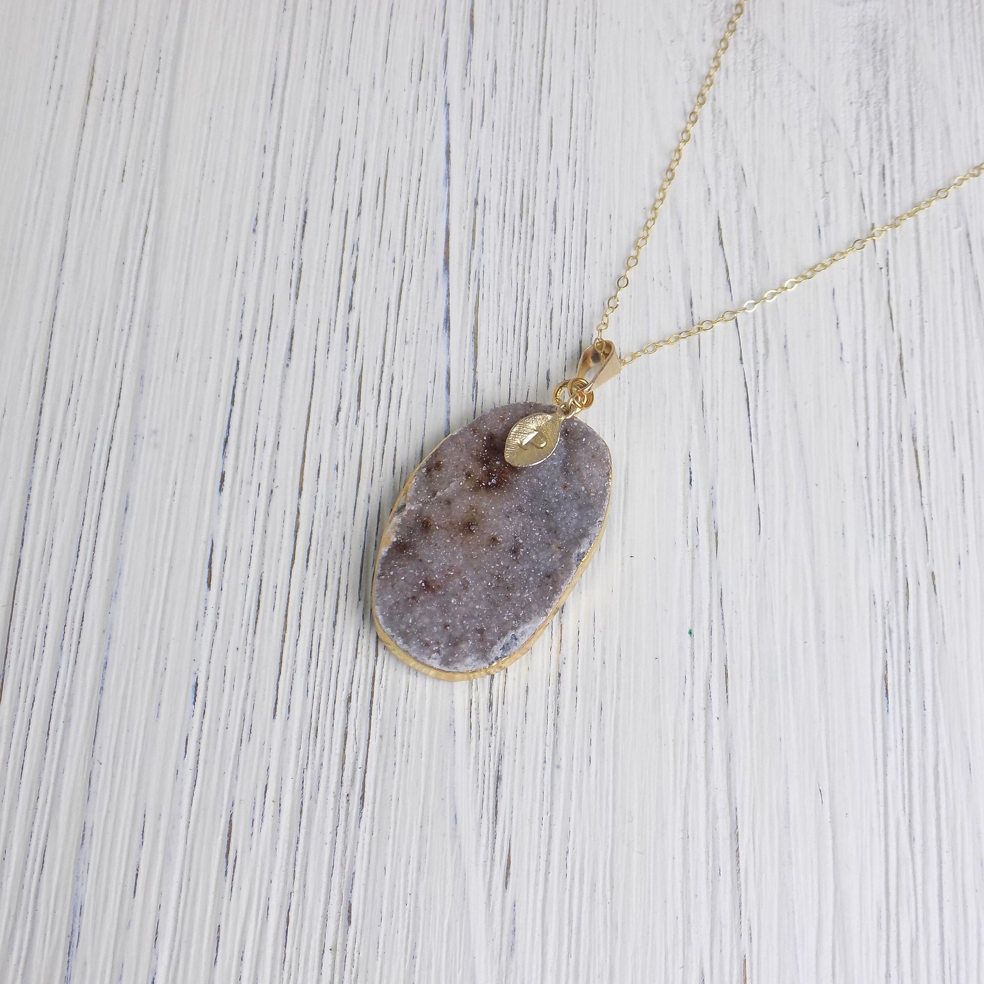 Large Druzy Gemstone Necklace Gold, Personalized Crystal Boho, Gifts For Mom, R14-33