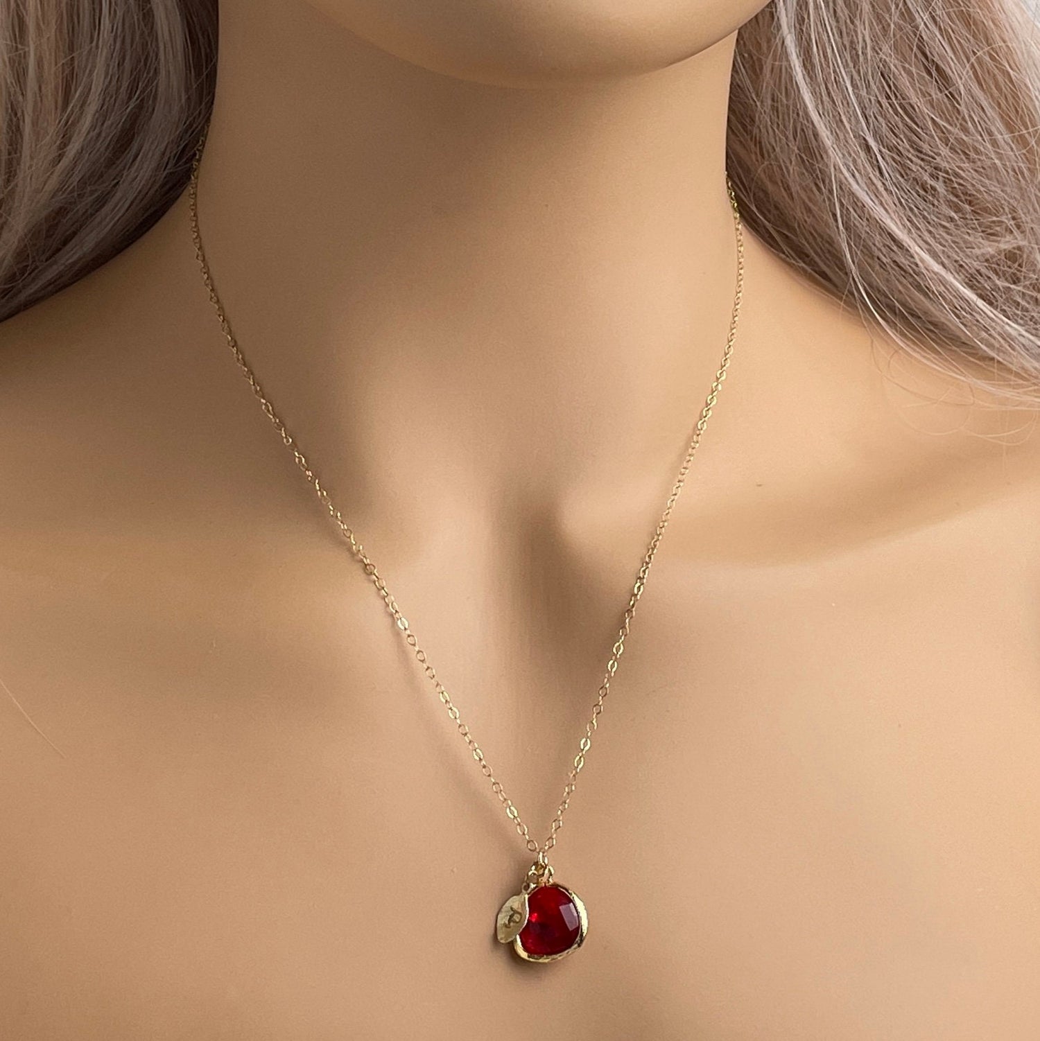 Personalized Red Crystal Quartz Necklace With 14K Gold Filled Chain, Custom Christmas Gift For Mom, Hand Stamped Initial Charm, M6-702
