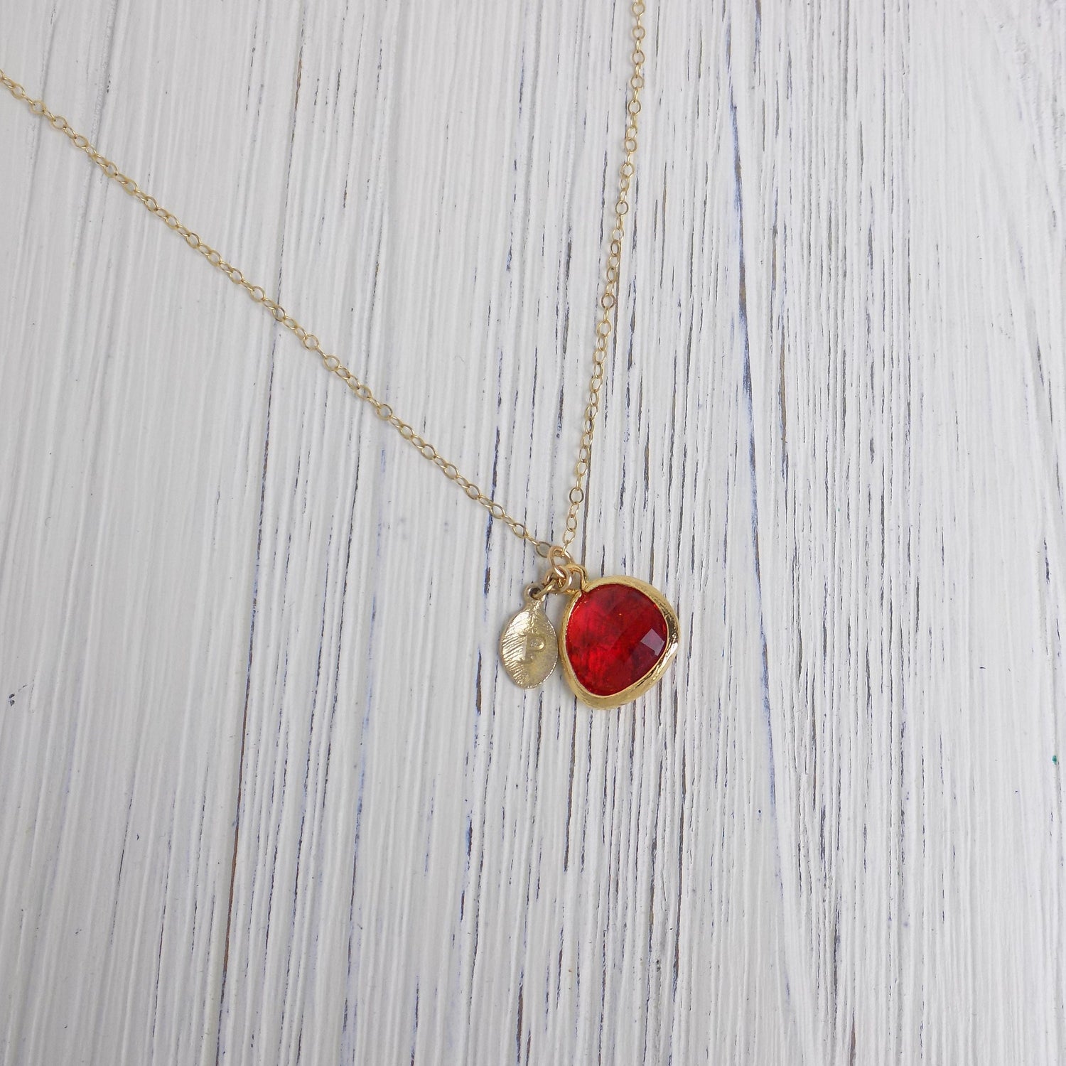 Personalized Red Crystal Quartz Necklace With 14K Gold Filled Chain, Custom Christmas Gift For Mom, Hand Stamped Initial Charm, M6-702