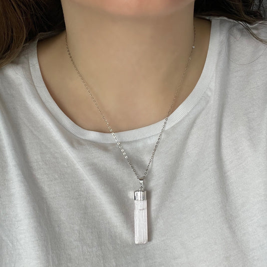 Natural Selenite Necklace Silver, Pink Selenite Pendant, Healing Crystal Calming Stone, Yoga Reiki Jewelry, Gift Women, G13-450
