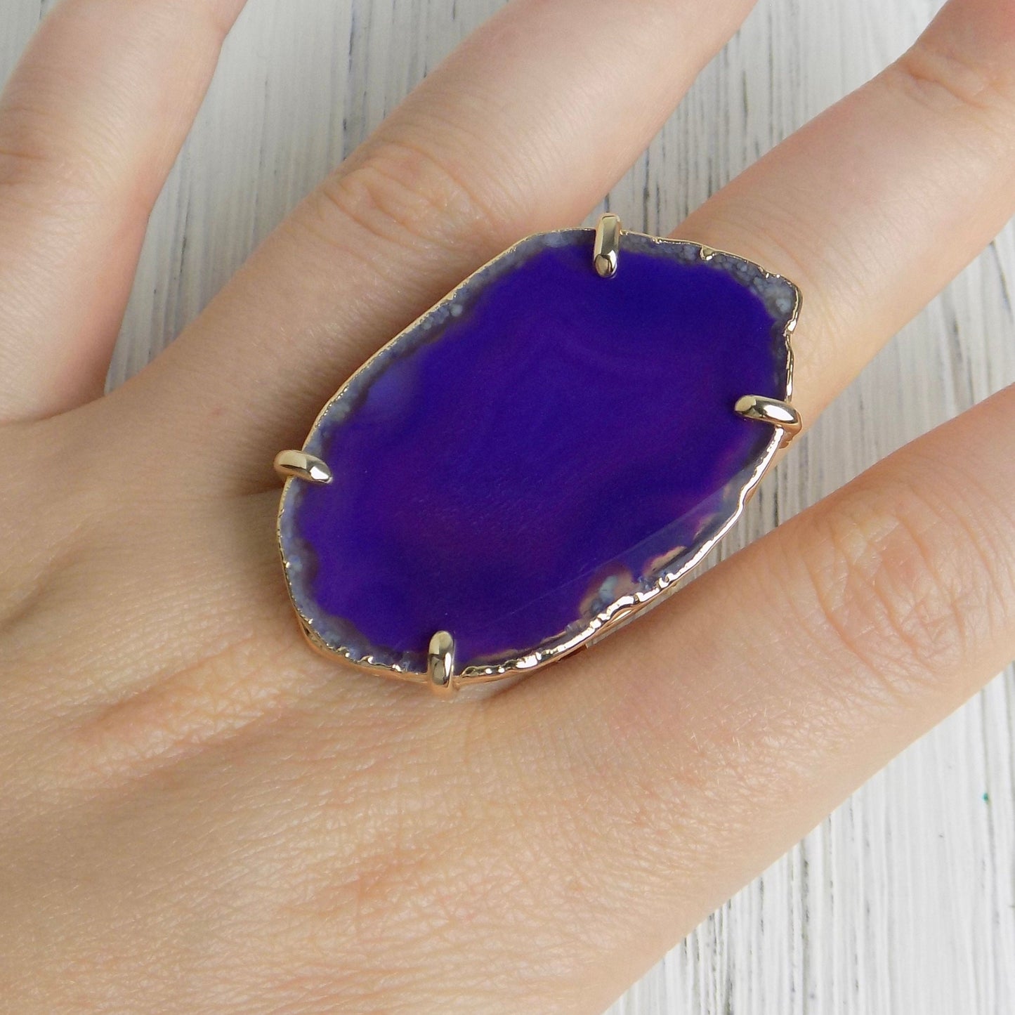 Boho Purple Agate Ring, Geode Ring, Statement Ring, Statement Jewelry Slice Agate Ring Large Stone Ring Crystal Ring Gold Adjustable G14-197
