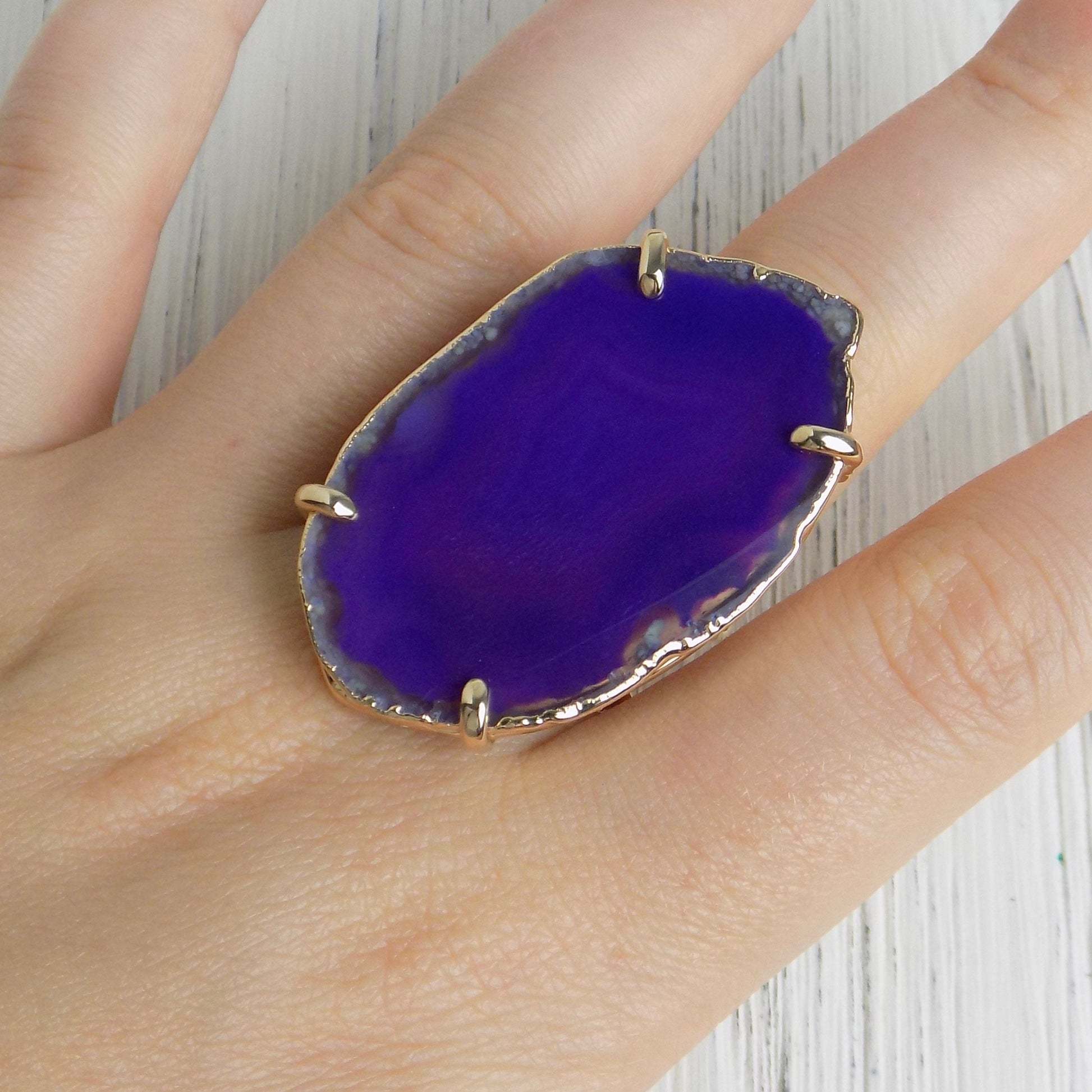 Boho Purple Agate Ring, Geode Ring, Statement Ring, Statement Jewelry Slice Agate Ring Large Stone Ring Crystal Ring Gold Adjustable G14-197