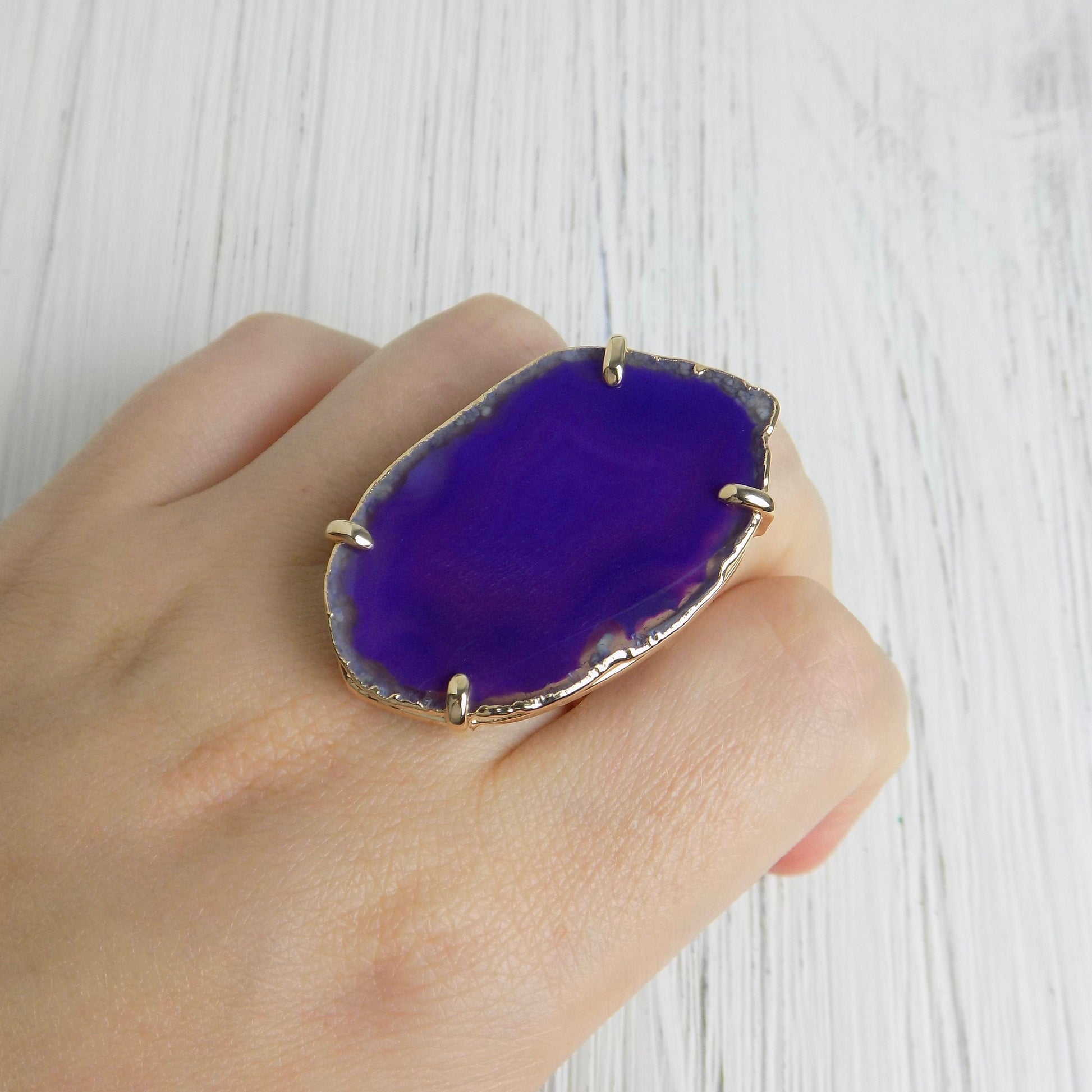 Boho Purple Agate Ring, Geode Ring, Statement Ring, Statement Jewelry Slice Agate Ring Large Stone Ring Crystal Ring Gold Adjustable G14-197