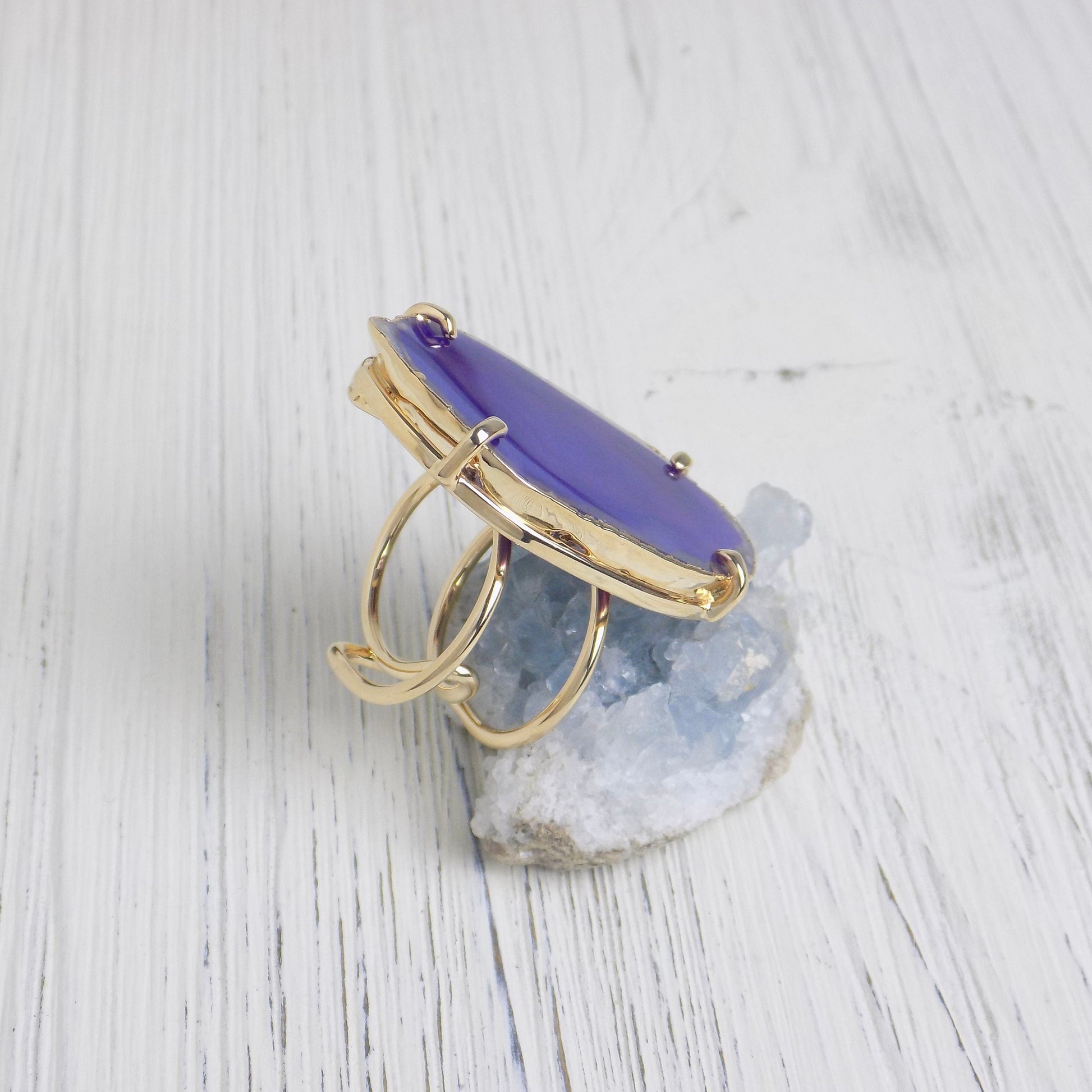 Boho Purple Agate Ring, Geode Ring, Statement Ring, Statement Jewelry Slice Agate Ring Large Stone Ring Crystal Ring Gold Adjustable G14-197