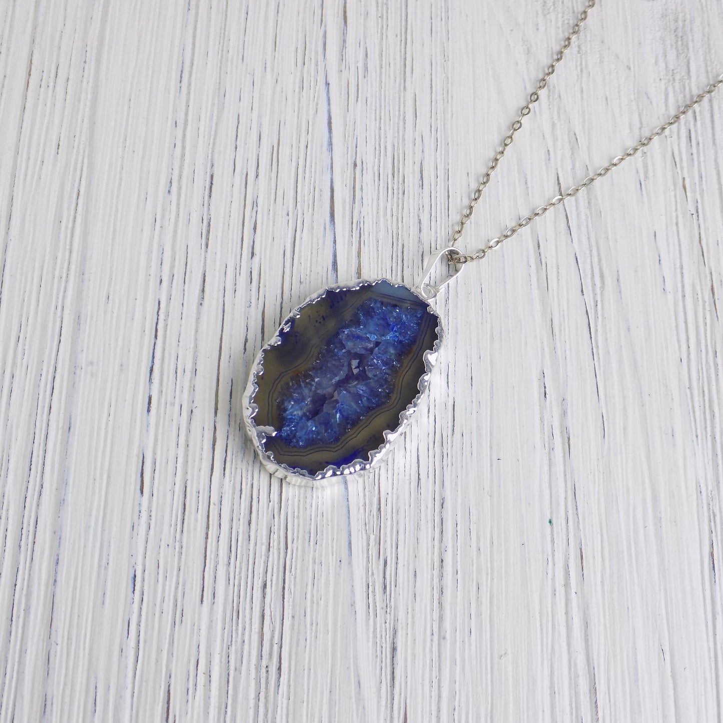 Small Geode Necklace Blue, Raw Stone Necklace Druzy, Boho Crystal Pendants Silver Chain, Christmas Gift Women, G14-270
