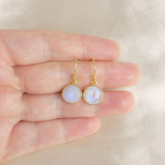 White Crystal Drop Earrings Gold, Moonstone Earrings, Blue Flash, Small Round Faceted Gemstones, Christmas Gifts For Wife, M6-47