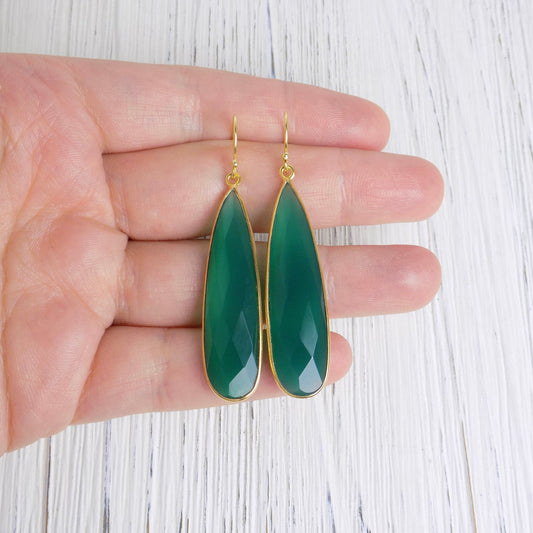 Large Green Onyx Drop Earrings in Gold, Natural Gemstone Statement, Christmas Gift For Her, M6-22