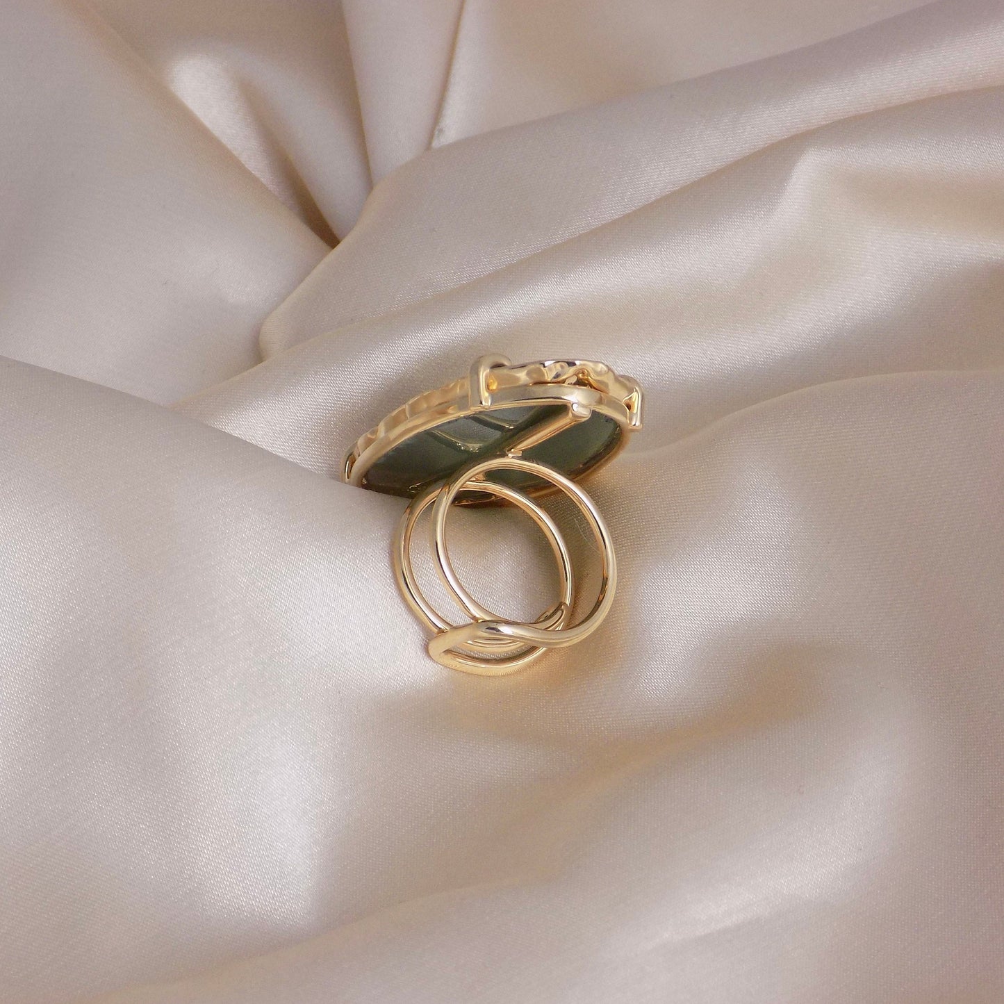 Dark Green Agate Gemstone Ring Adjustable, Gold Dipped Large Natural Stone, G14-293