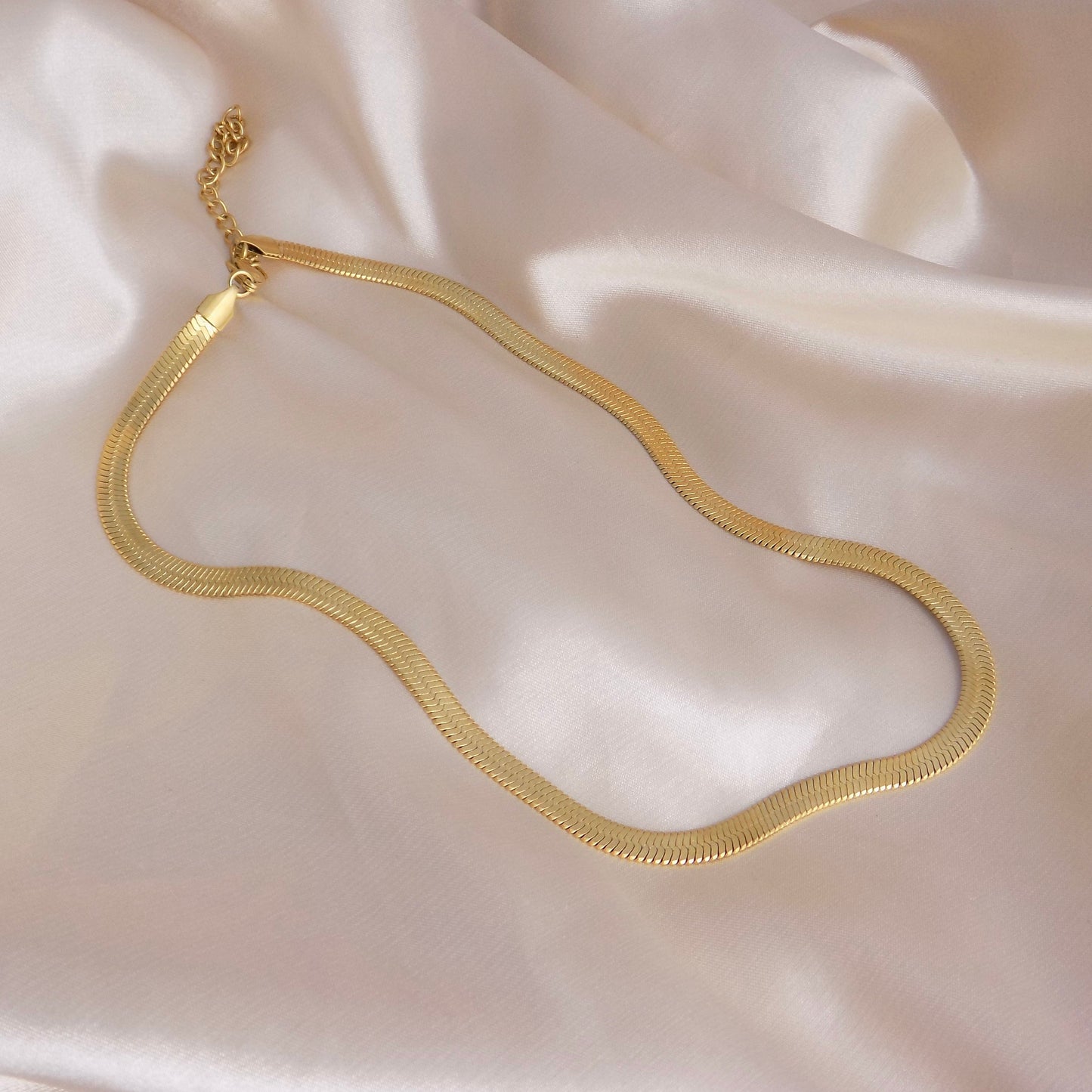 Valentines Day Gift, 18K Gold Snake Chain Necklace, Herringbone Necklace Stainless Steel 5mm, Trendy Gold Layer, M6-712