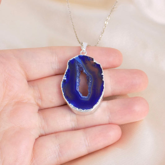 Blue Geode Necklace Silver, Boho Statement Sliced Geode Pendant for Layering, Christmas Gifts For Best Friend, G14-296