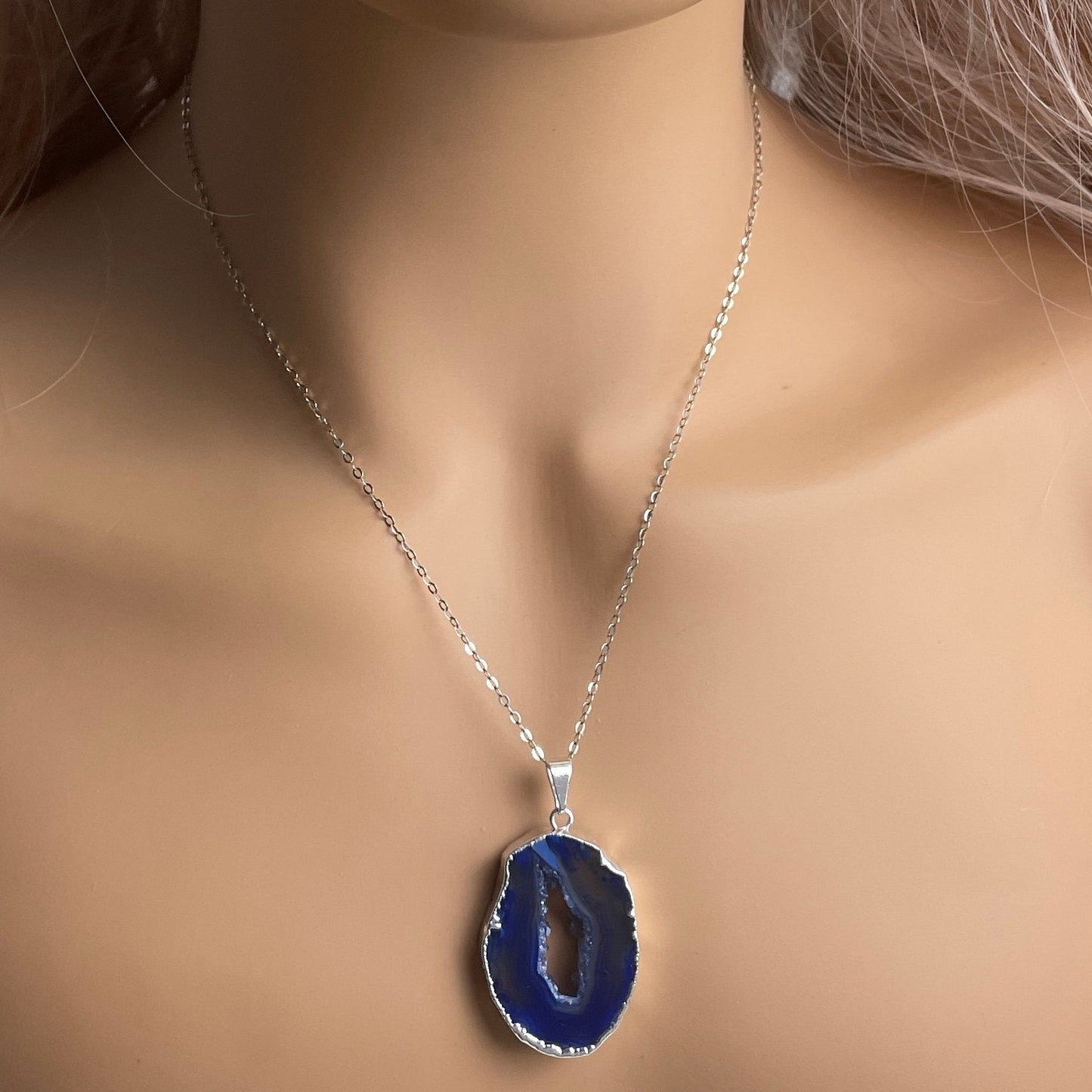 Blue Geode Necklace Silver, Boho Statement Sliced Geode Pendant for Layering, Christmas Gifts For Best Friend, G14-296