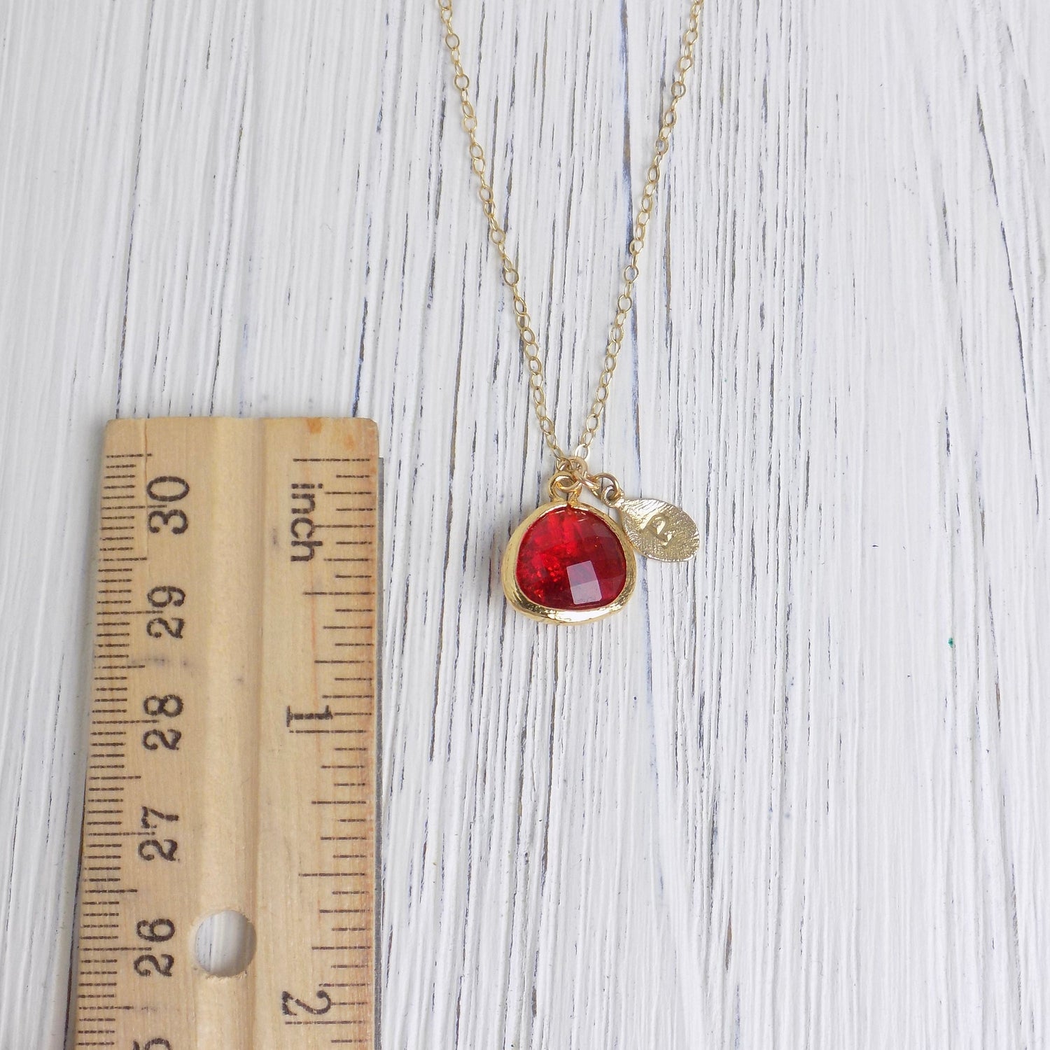 Personalized Red Crystal Quartz Necklace With 14K Gold Filled Chain, Custom Christmas Gift For Mom, Hand Stamped Initial Charm, M6-702