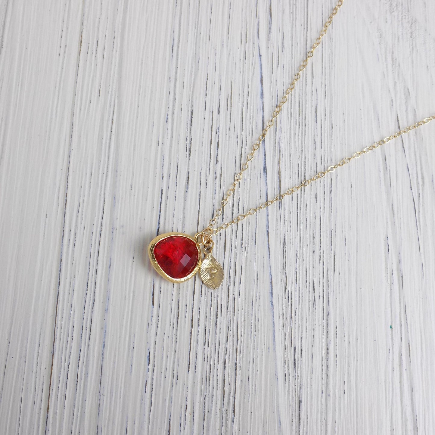 Personalized Red Crystal Quartz Necklace With 14K Gold Filled Chain, Custom Christmas Gift For Mom, Hand Stamped Initial Charm, M6-702