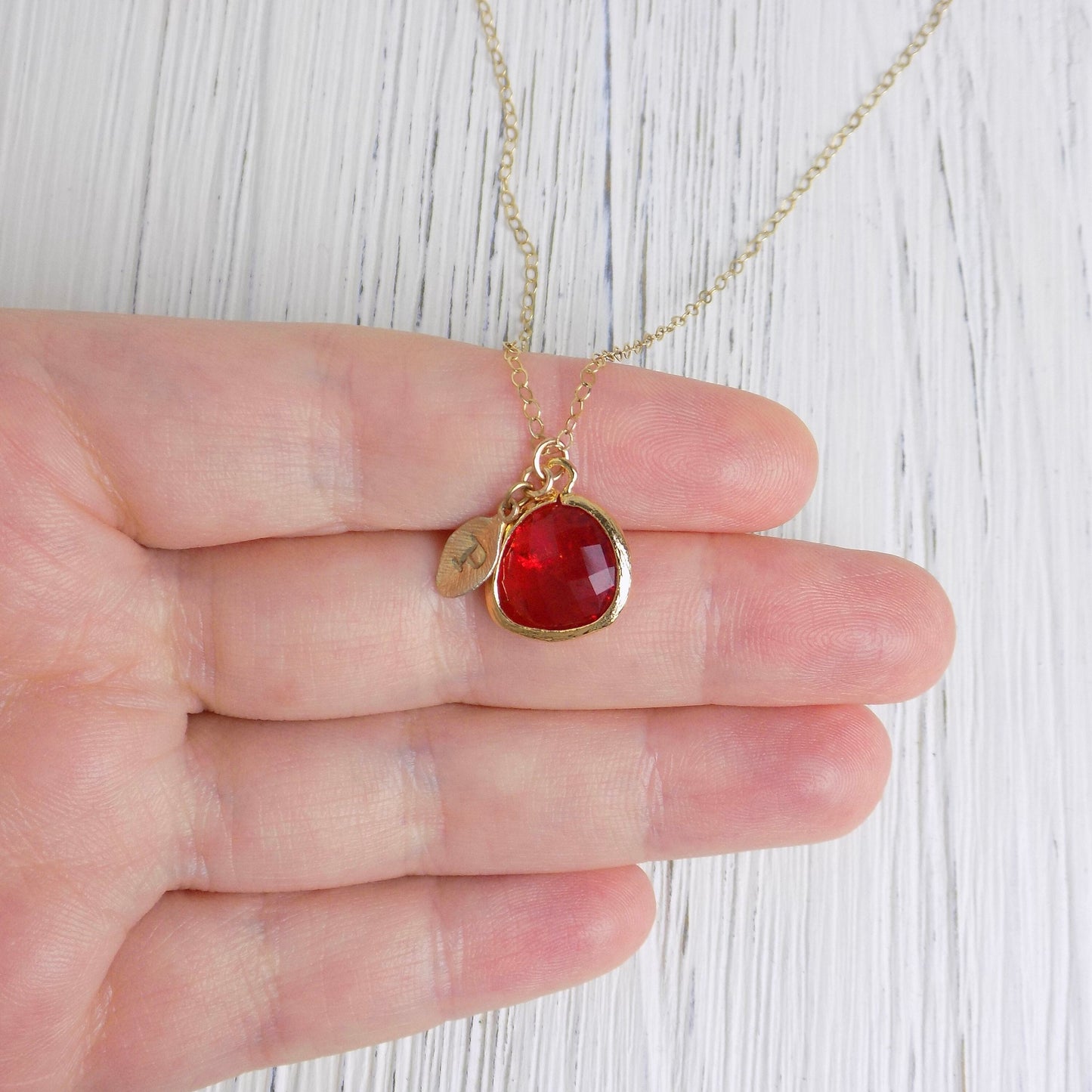 Personalized Red Crystal Quartz Necklace Gold, Custom Gift For Mom, Hand Stamped Initial Charm, M6-702