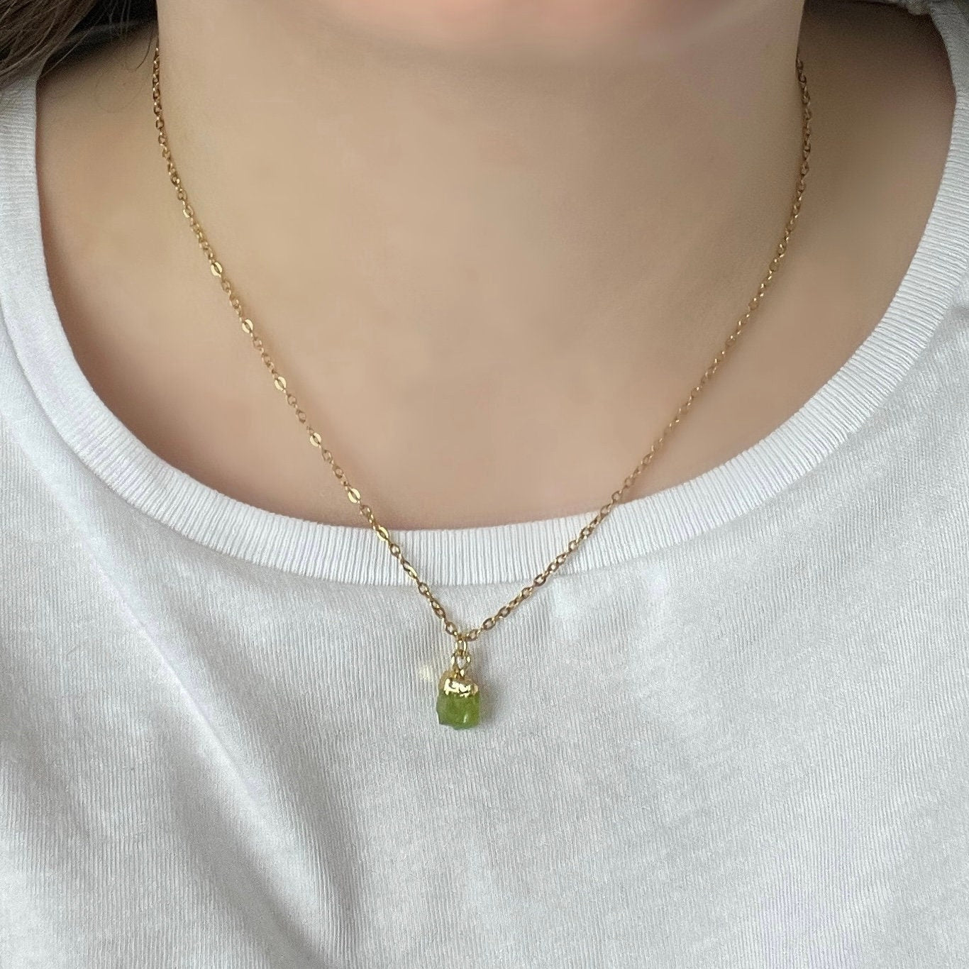 Small Raw Peridot Necklace 18K Gold Stainless Steel Chain