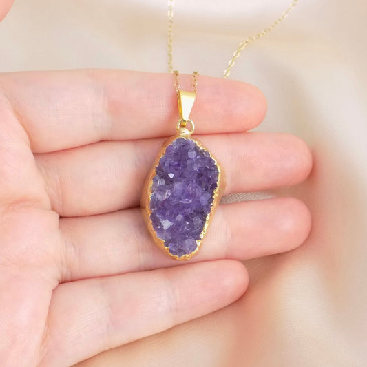 Christmas Gift, Raw Amethyst Necklace, Purple Druzy Pendant Gold, Raw Stone Crystal Necklaces For Women, Gifts For Mom, R14-37