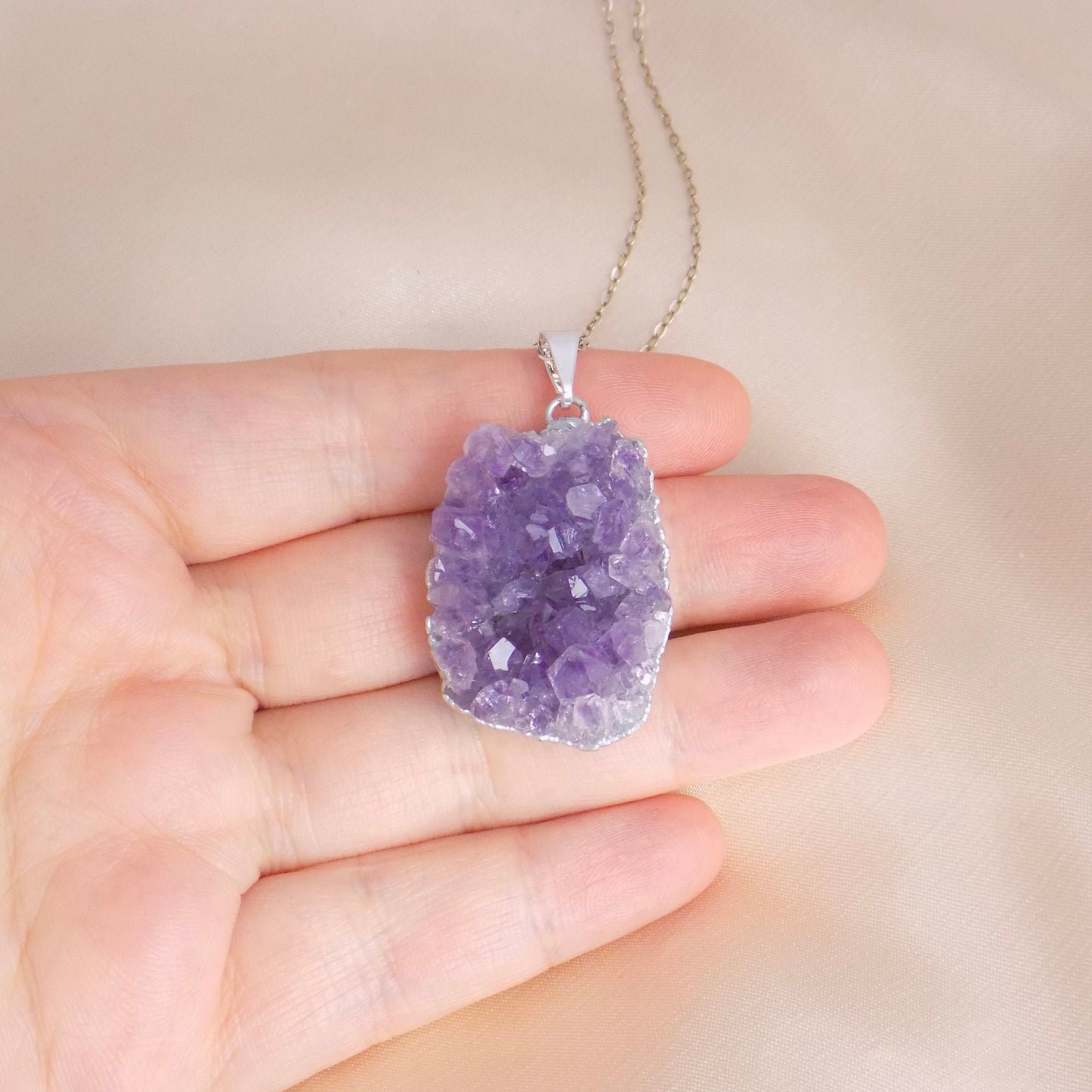 Purple Amethyst Druzy Crystal Necklace with Sterling Silver Chain, Boho Christmas Gifts For Her, R14-44